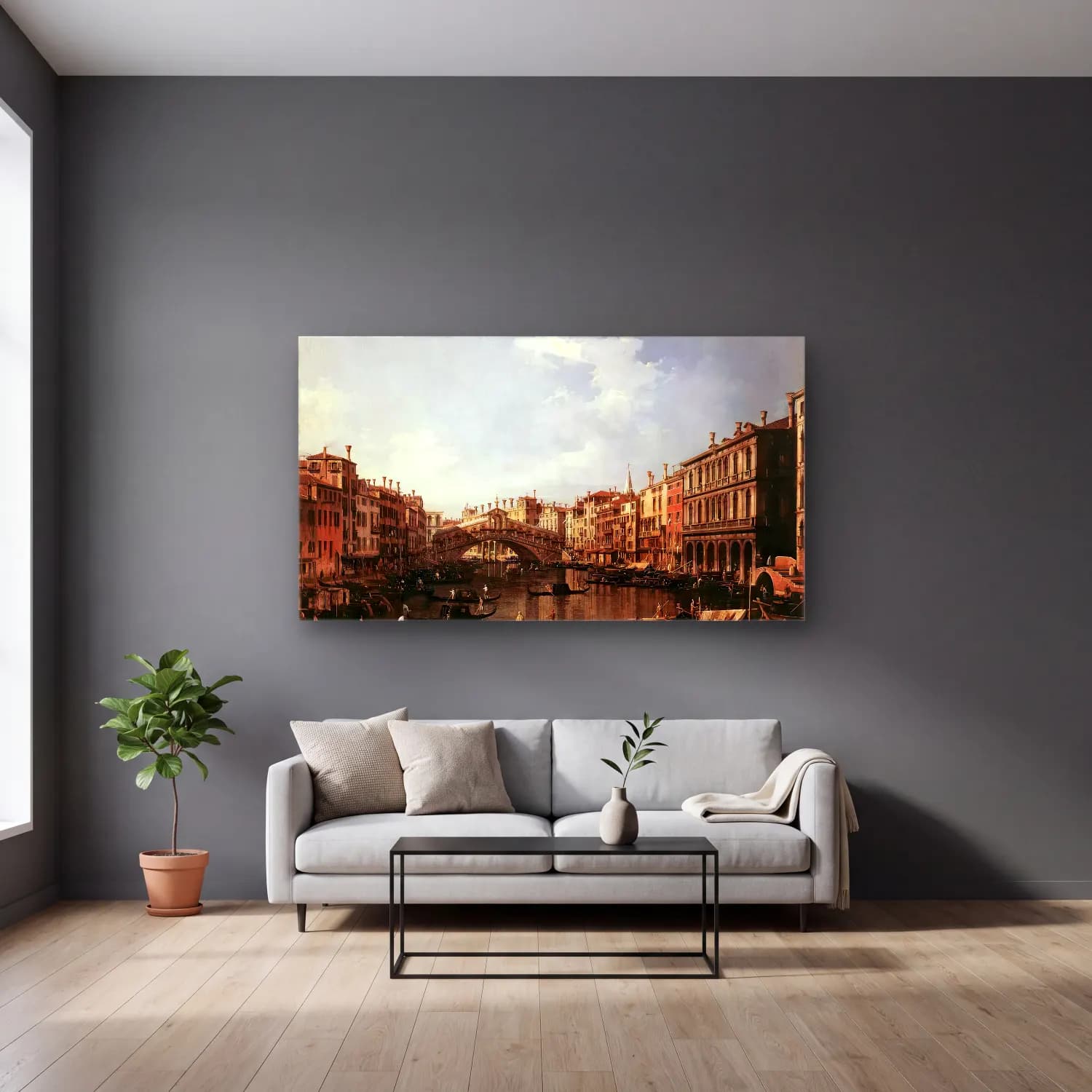 Yağlı Boya Venedik Kanalları No. 29 cam tablo — gri duvarlı salonda