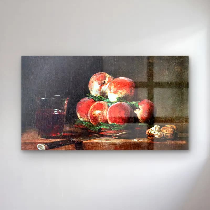Jean-Baptiste-Siméon Chardin – Basket of Peaches, with Walnuts, Knife and Glass of Wine cam tablo — Jean-Baptiste-Siméon Chardin – Basket of Peaches, with Walnuts, Knife and Glass of Wine — yağlı boya meyveli natürmort