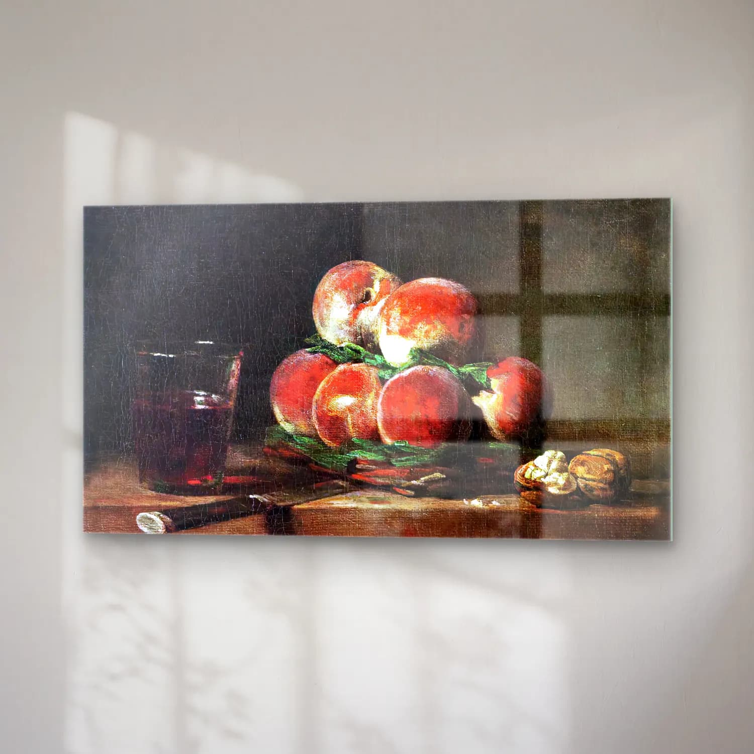 Jean-Baptiste-Siméon Chardin – Basket of Peaches, with Walnuts, Knife and Glass of Wine cam tablo — sağ açıdan görünüm