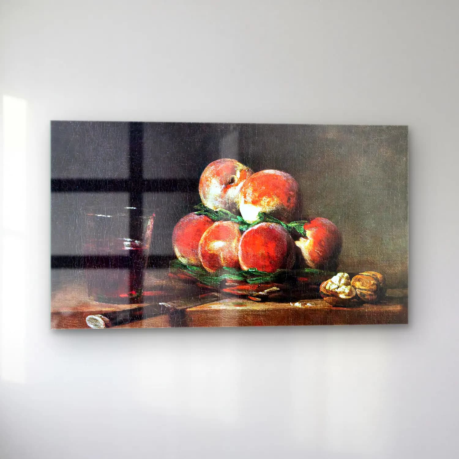 Jean-Baptiste-Siméon Chardin – Basket of Peaches, with Walnuts, Knife and Glass of Wine cam tablo — sol açıdan görünüm