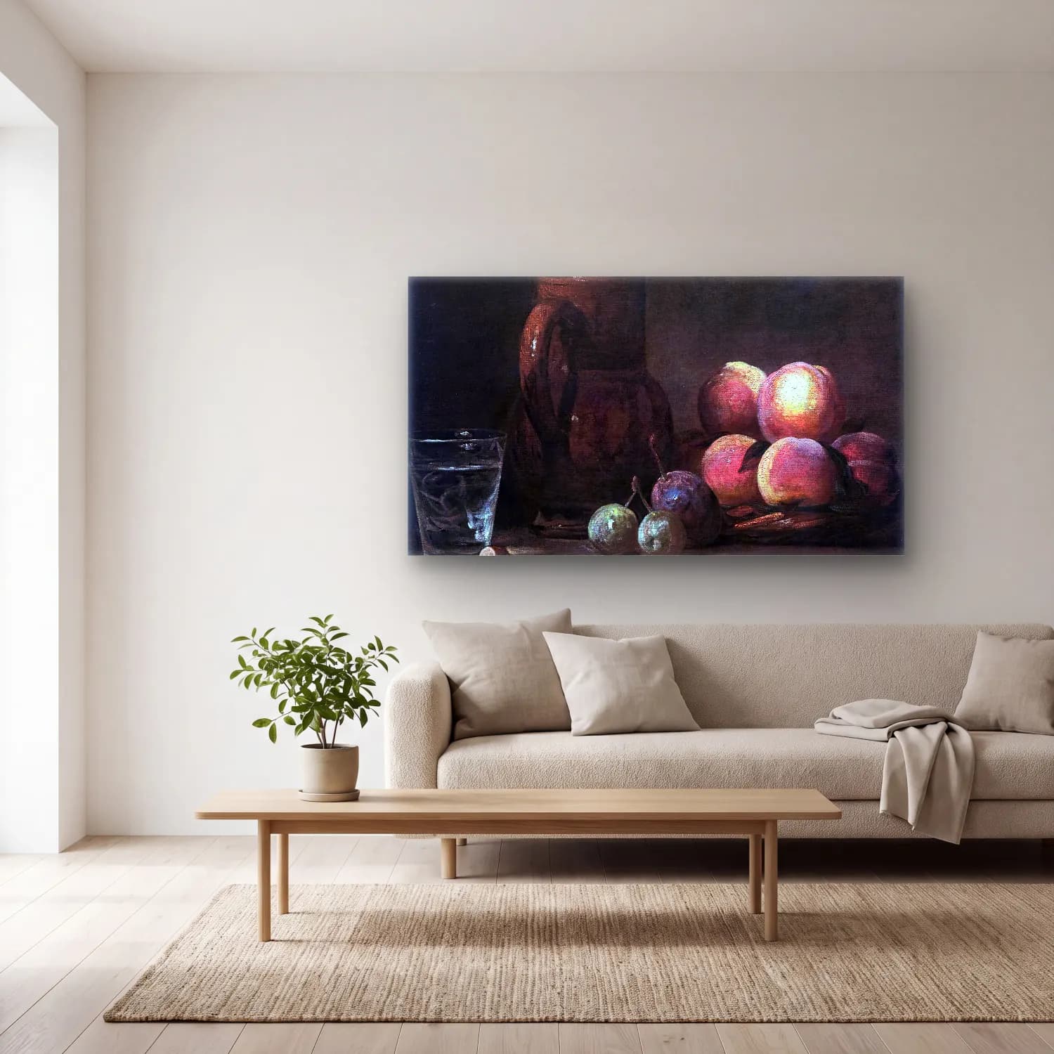 Jean-Baptiste-Siméon Chardin – Fruit, Jug, and a Glass cam tablo — açık renk salonda