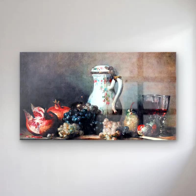 Jean-Baptiste-Siméon Chardin – Grapes and Pomegranates cam tablo — Jean-Baptiste-Siméon Chardin – Grapes and Pomegranates — empresyonist meyveli natürmort