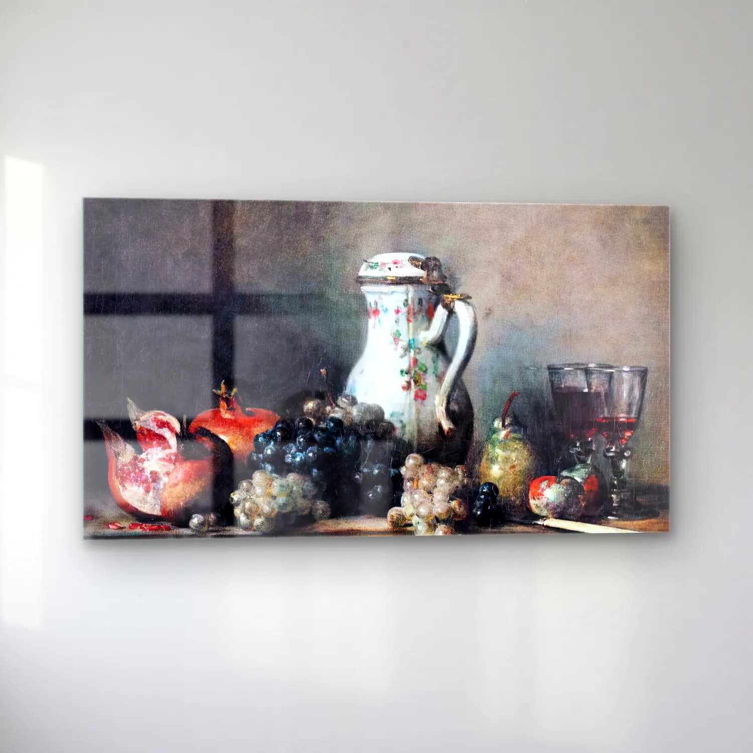 Jean-Baptiste-Siméon Chardin – Grapes and Pomegranates cam tablo — sol açıdan görünüm