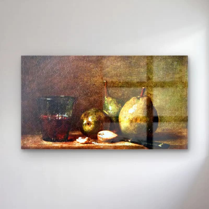 Jean-Baptiste-Siméon Chardin – Pears, Walnuts and Glass of Wine cam tablo — Jean-Baptiste-Siméon Chardin – Pears, Walnuts and Glass of Wine — yağlı boya meyveli natürmort