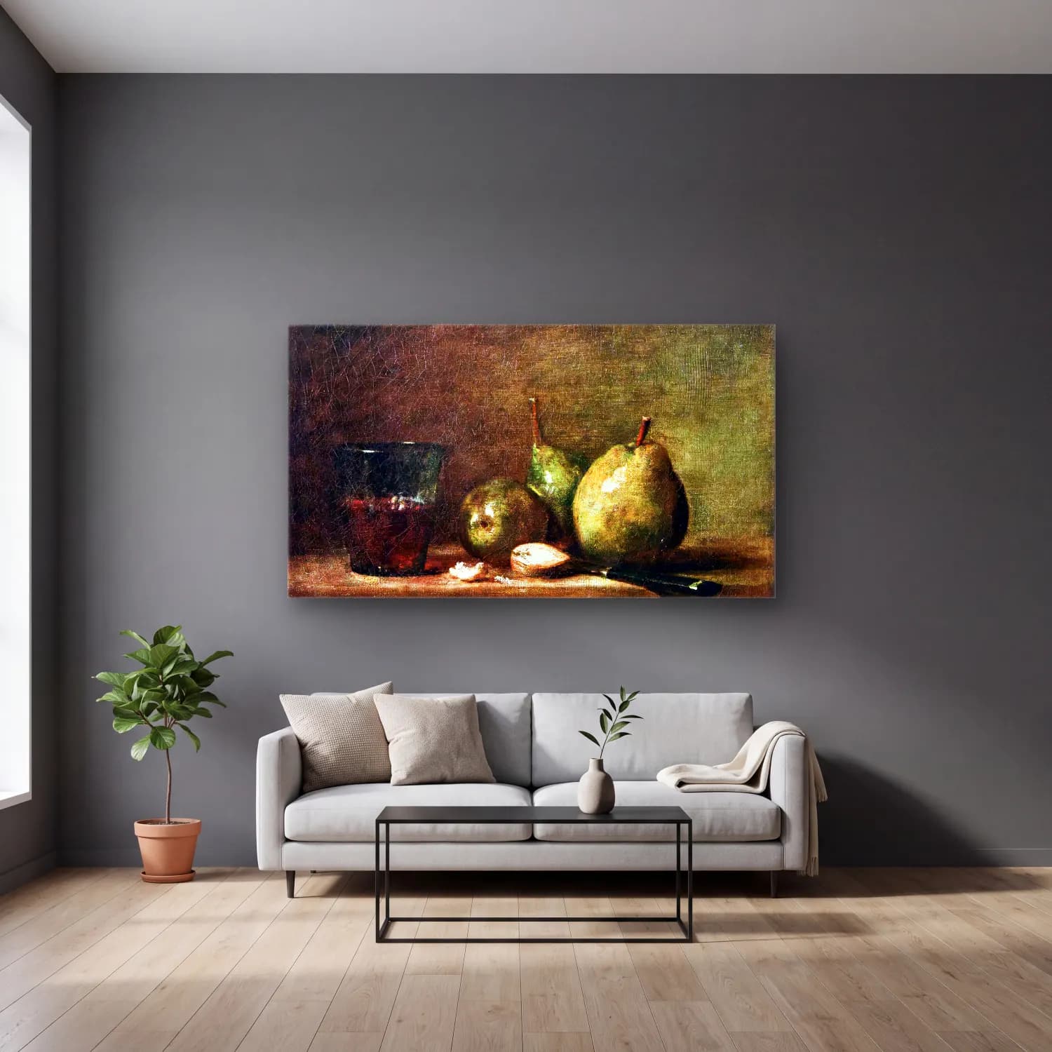 Jean-Baptiste-Siméon Chardin – Pears, Walnuts and Glass of Wine cam tablo — gri duvarlı salonda