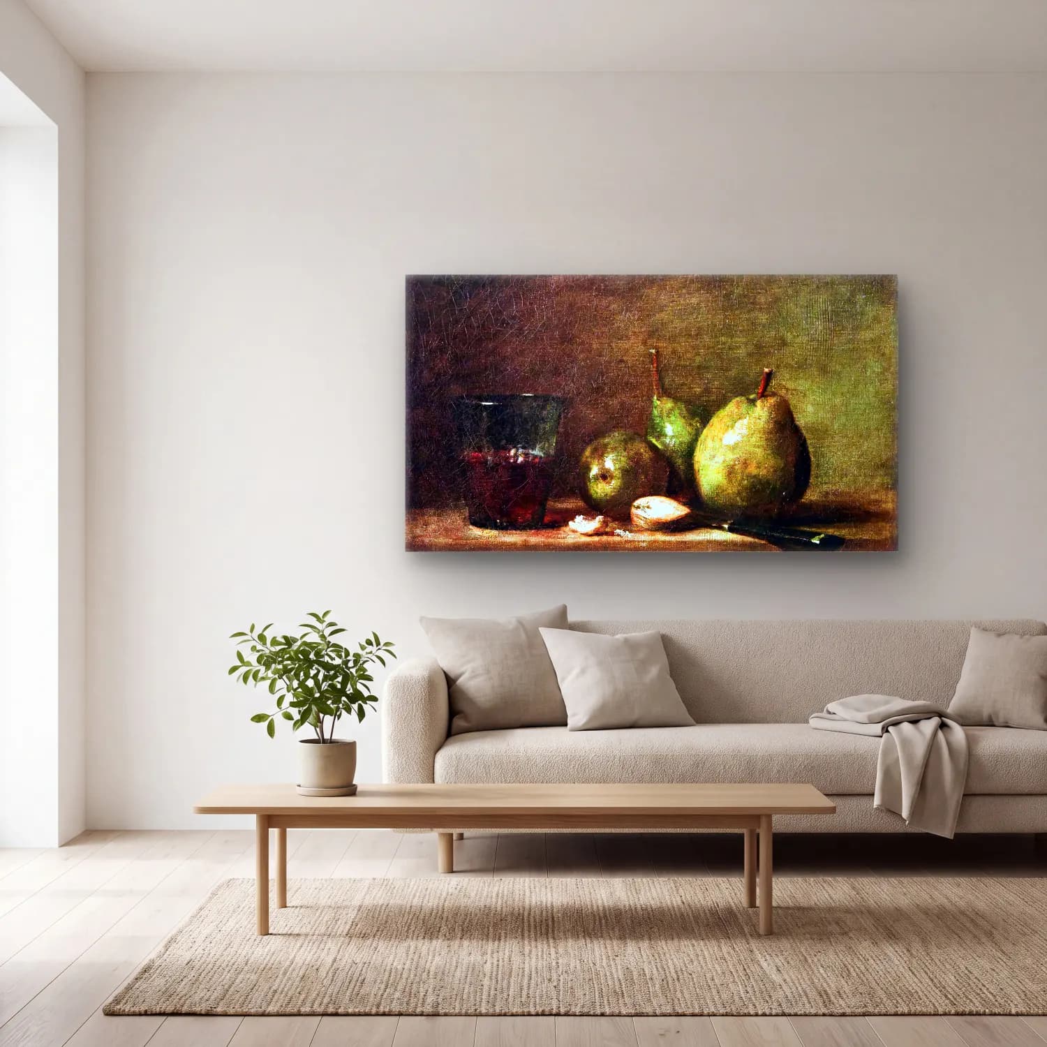 Jean-Baptiste-Siméon Chardin – Pears, Walnuts and Glass of Wine cam tablo — açık renk salonda