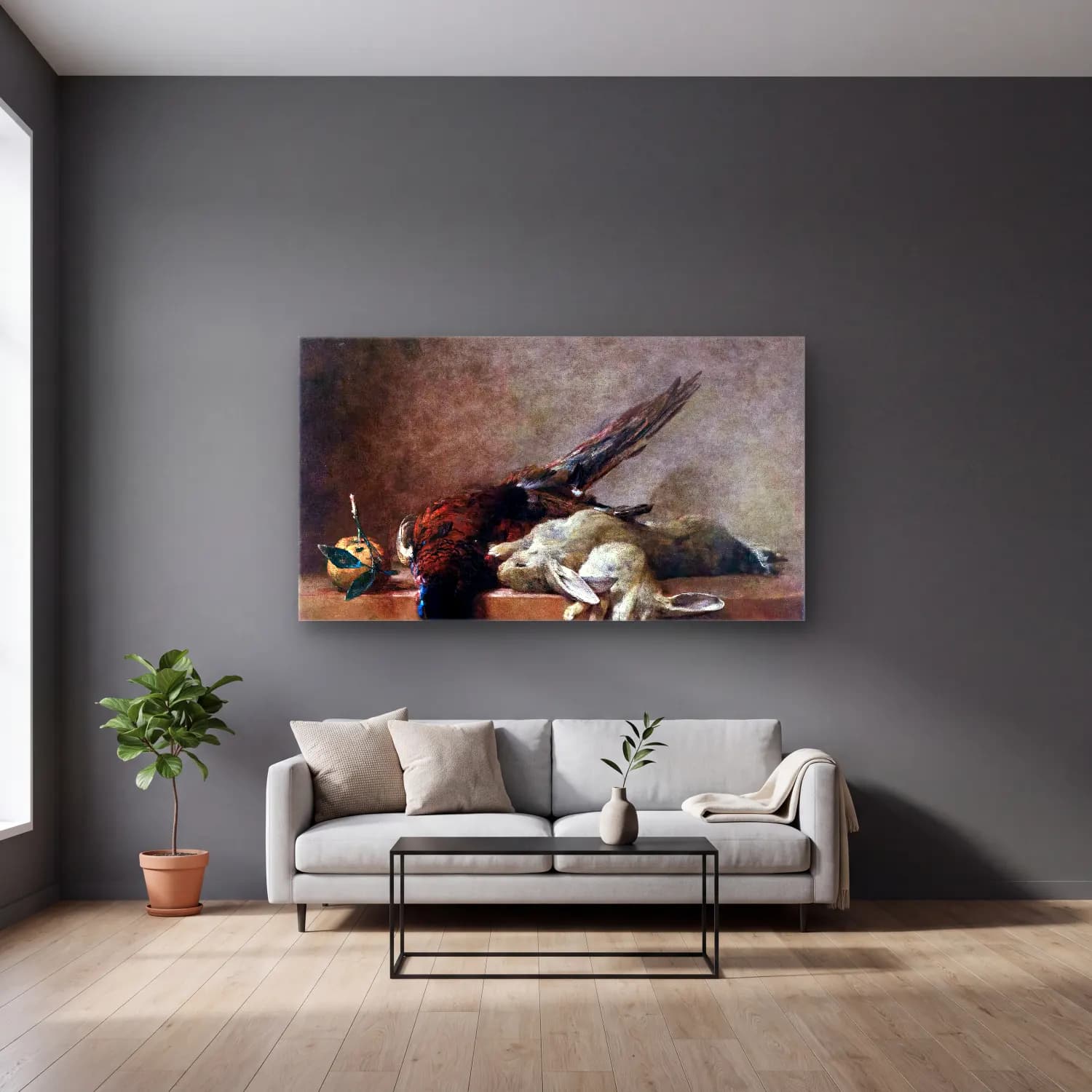 Jean-Baptiste-Siméon Chardin – Still-Life with Game cam tablo — gri duvarlı salonda