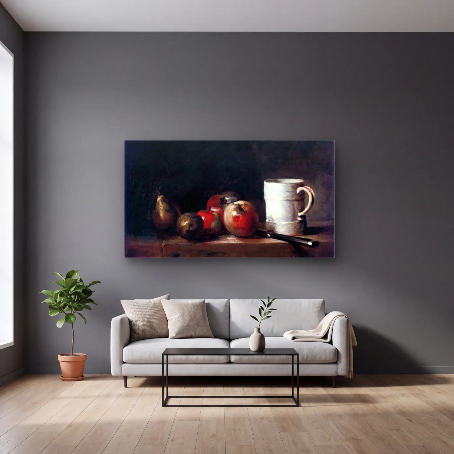 Jean-Baptiste-Siméon Chardin – Still-Life with a White Mug cam tablo — gri duvarlı salonda