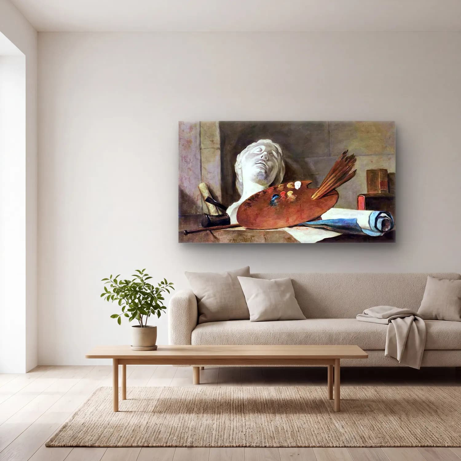 Jean-Baptiste-Siméon Chardin – The Attributes of Painting and Sculpture cam tablo — açık renk salonda