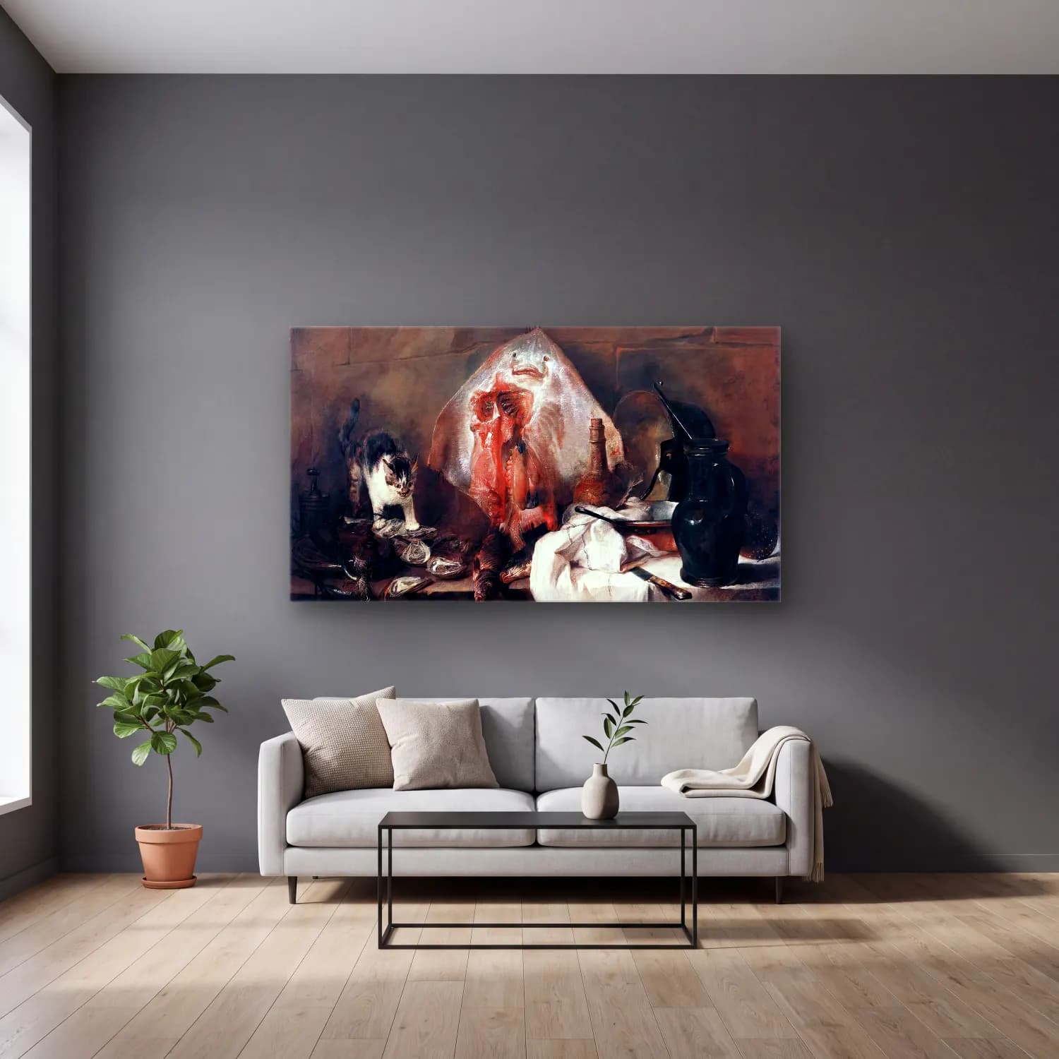 Jean-Baptiste-Siméon Chardin – The Ray cam tablo — gri duvarlı salonda
