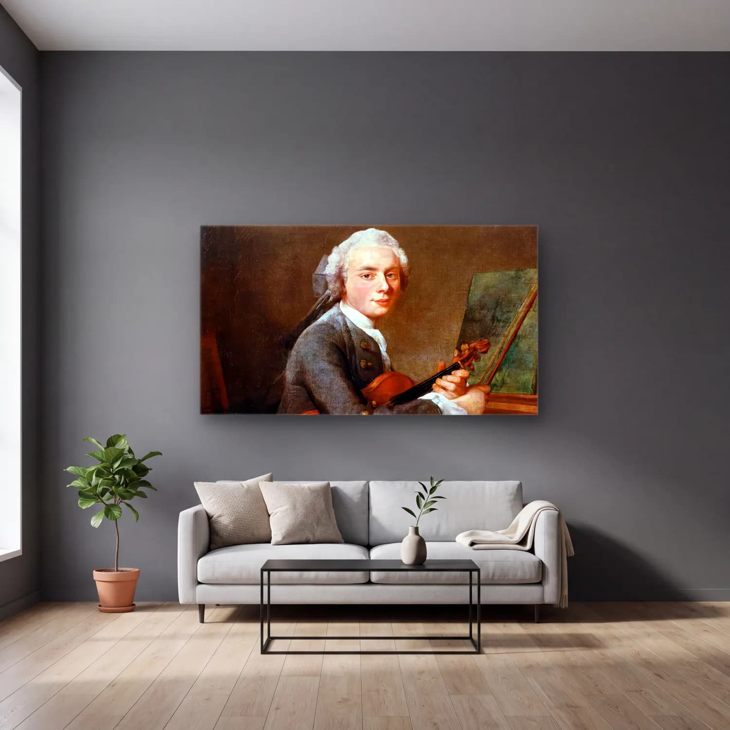 Jean-Baptiste-Siméon Chardin – The Youth with a Violin cam tablo — gri duvarlı salonda