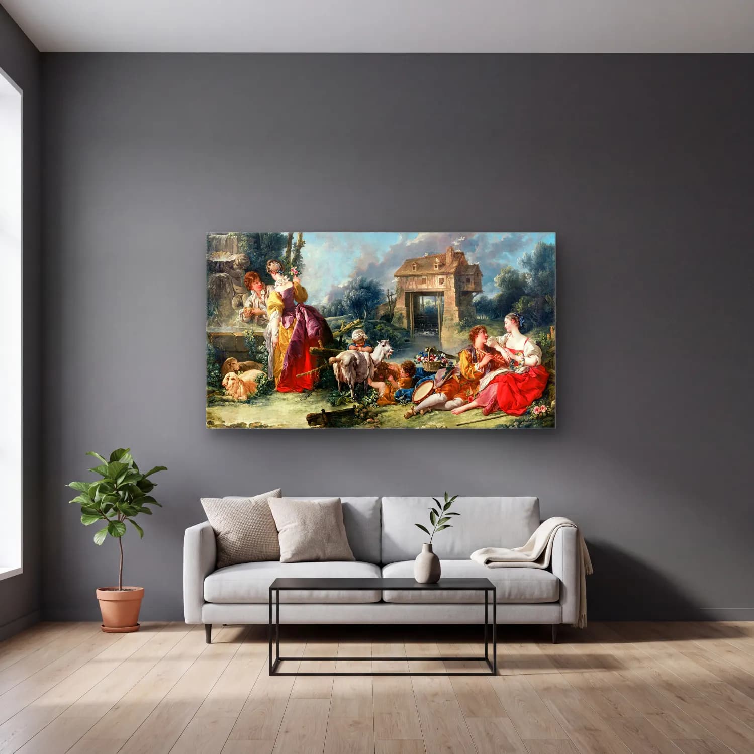 Francois Boucher – The Fountain of Love cam tablo — gri duvarlı salonda