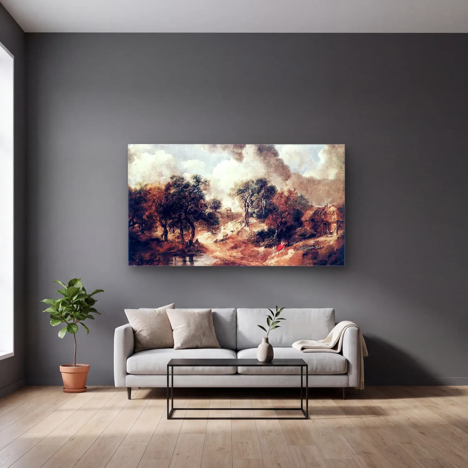 Thomas Gainsborough – Landscape in Suffolk cam tablo — gri duvarlı salonda