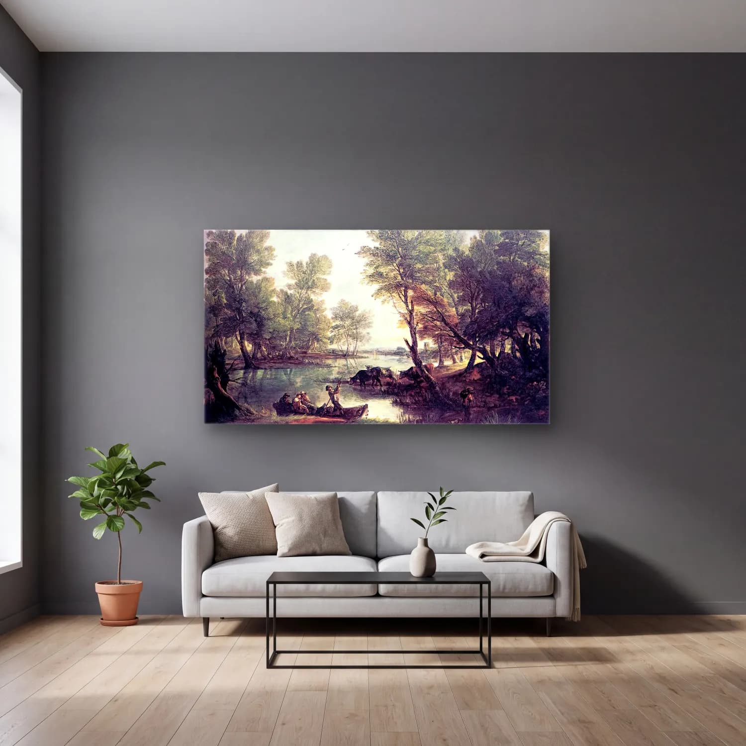 Thomas Gainsborough – River Landscape cam tablo — gri duvarlı salonda