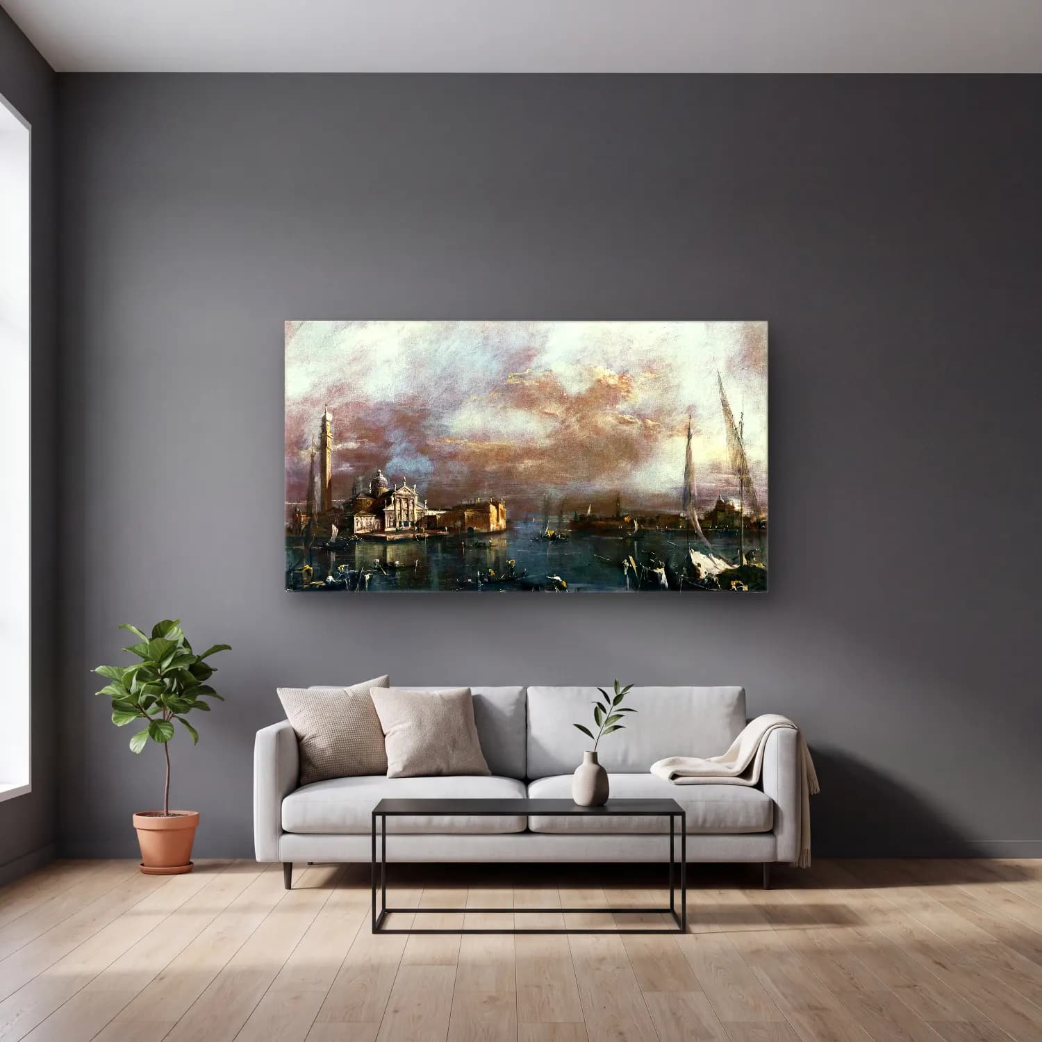 Francesco Guardi – Bacino di San Marco with San Giorgio and the Giudecca cam tablo — gri duvarlı salonda