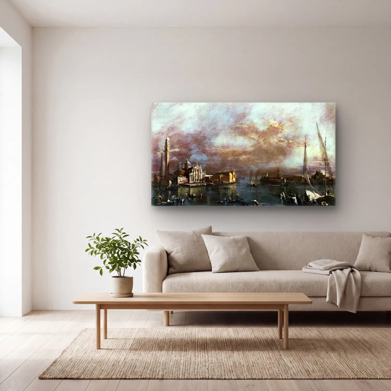 Francesco Guardi – Bacino di San Marco with San Giorgio and the Giudecca cam tablo — açık renk salonda