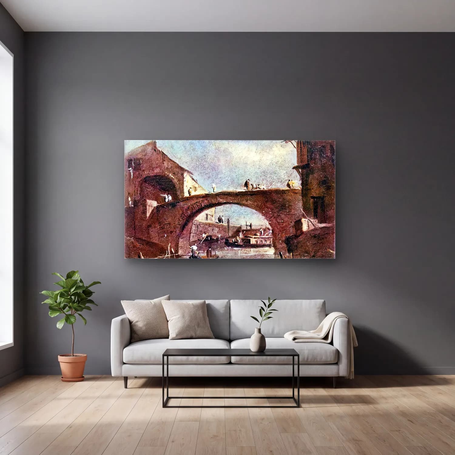 Francesco Guardi – Bridge at Dolo cam tablo — gri duvarlı salonda