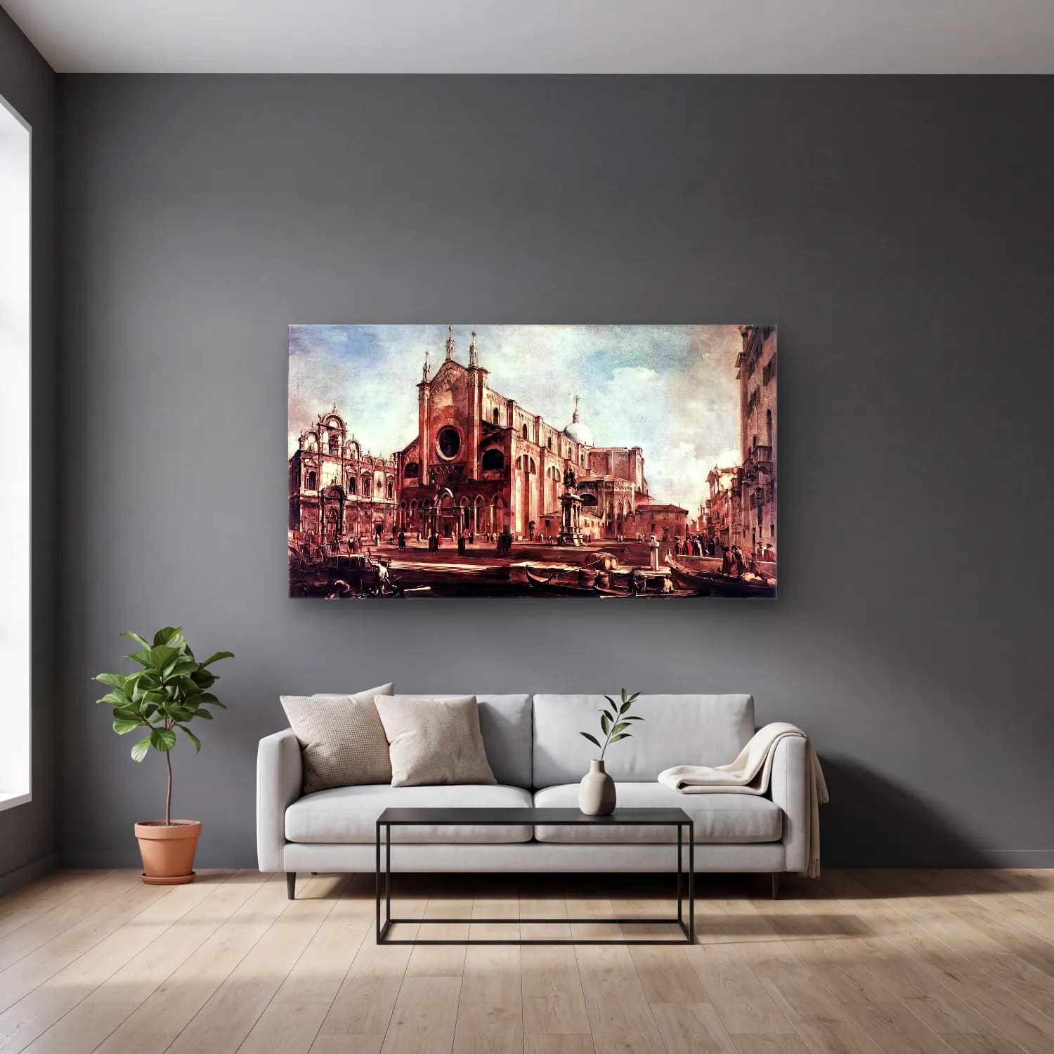 Francesco Guardi – Campo Santi Giovanni e Paolo cam tablo — gri duvarlı salonda