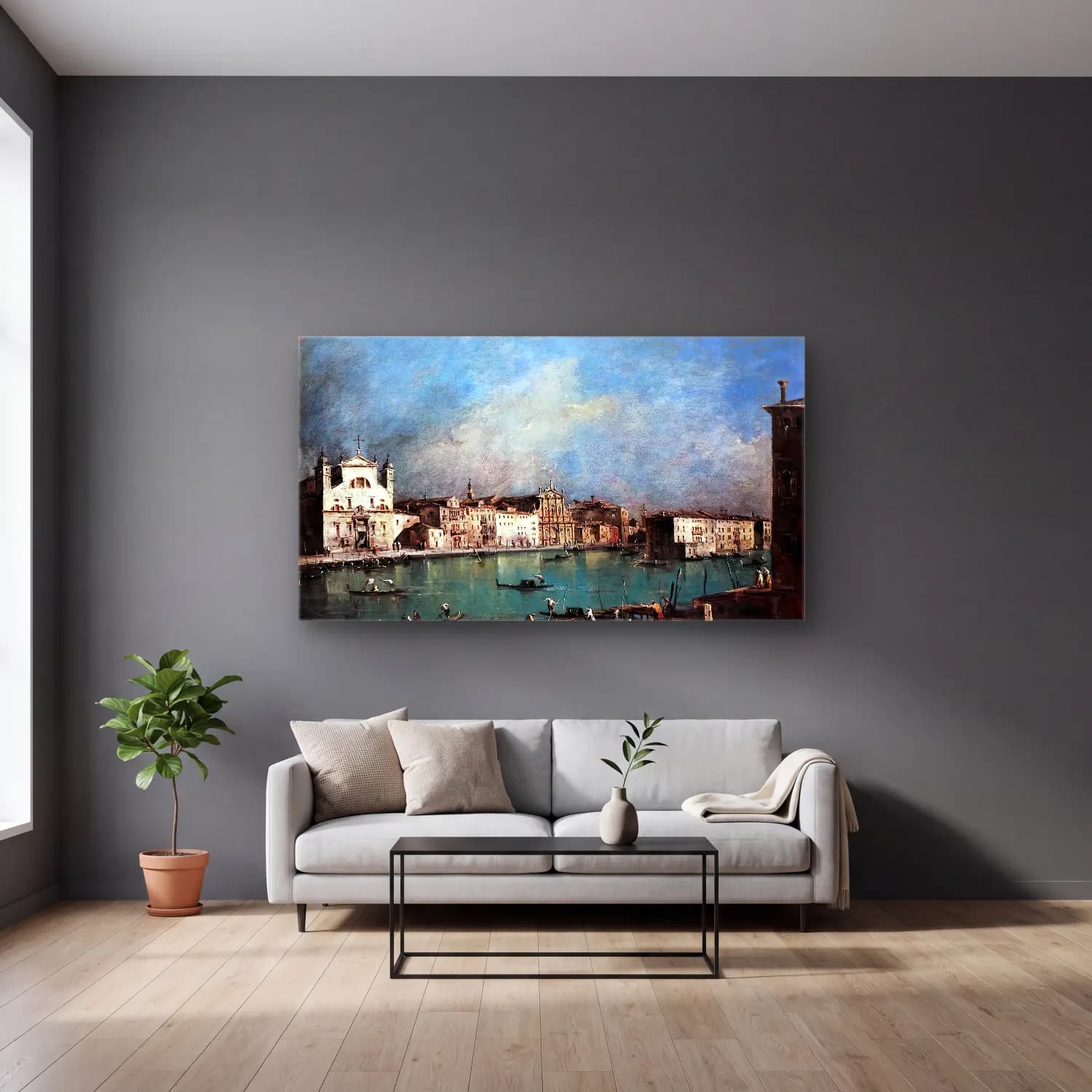 Francesco Guardi – Canal Grande with Santa Lucia and the Scalzi Church cam tablo — gri duvarlı salonda