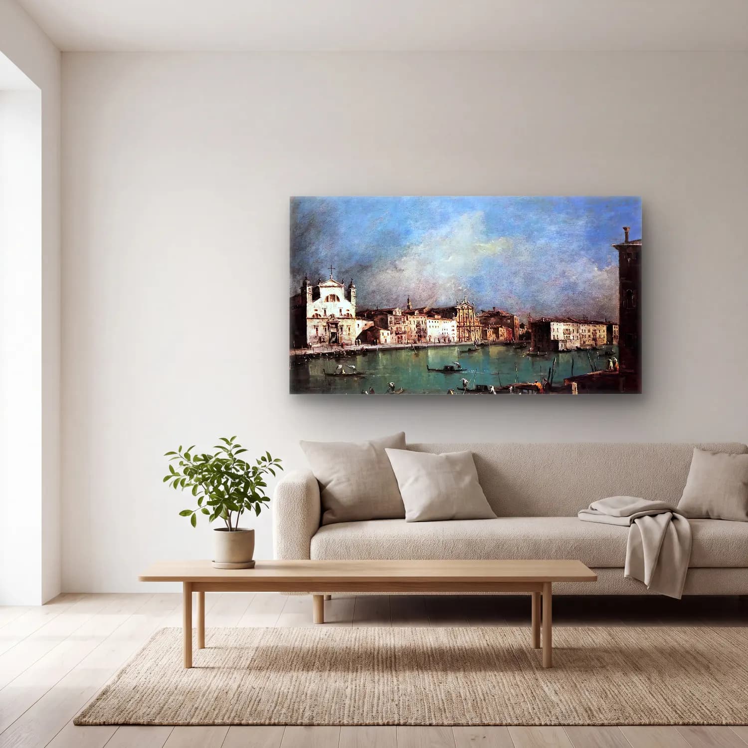 Francesco Guardi – Canal Grande with Santa Lucia and the Scalzi Church cam tablo — açık renk salonda