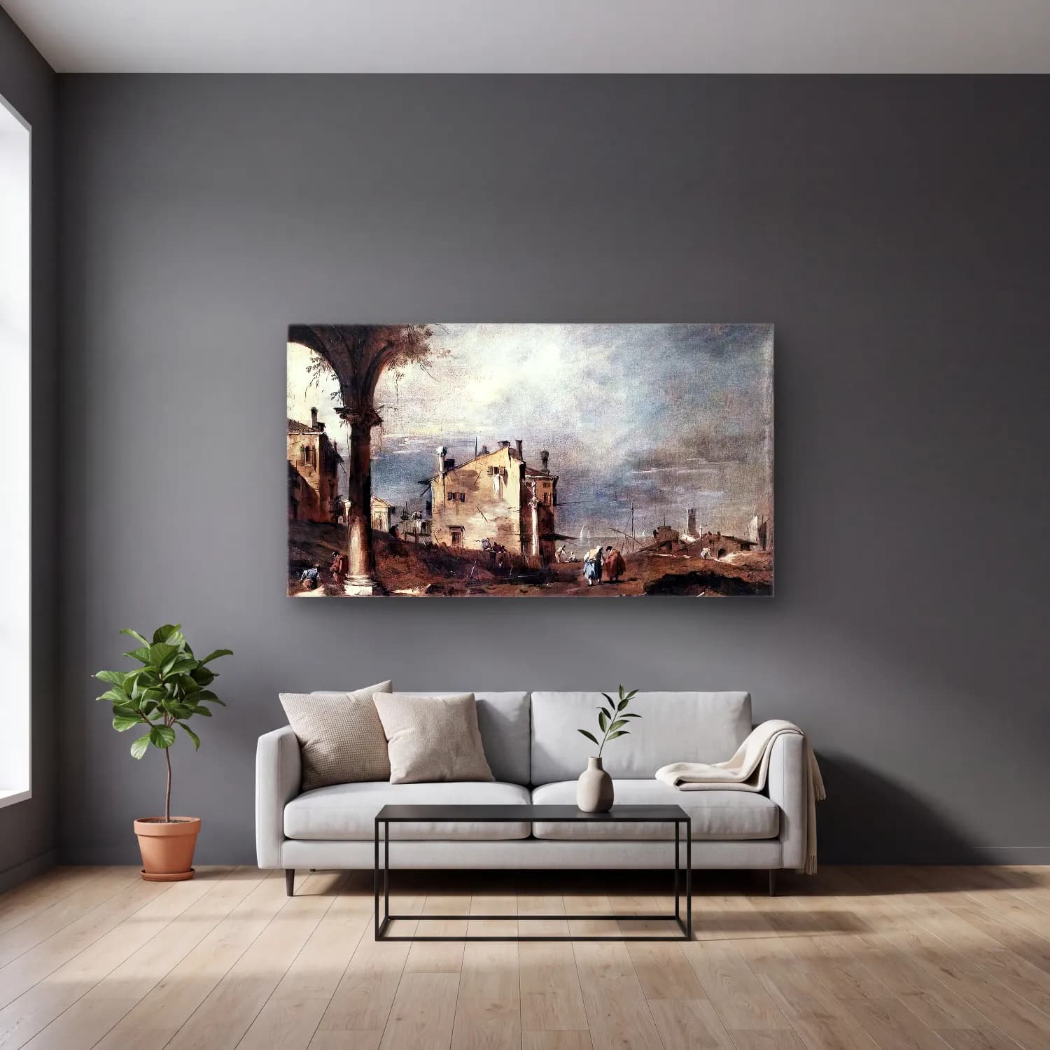 Francesco Guardi – Capriccio with Venetian Motifs cam tablo — gri duvarlı salonda
