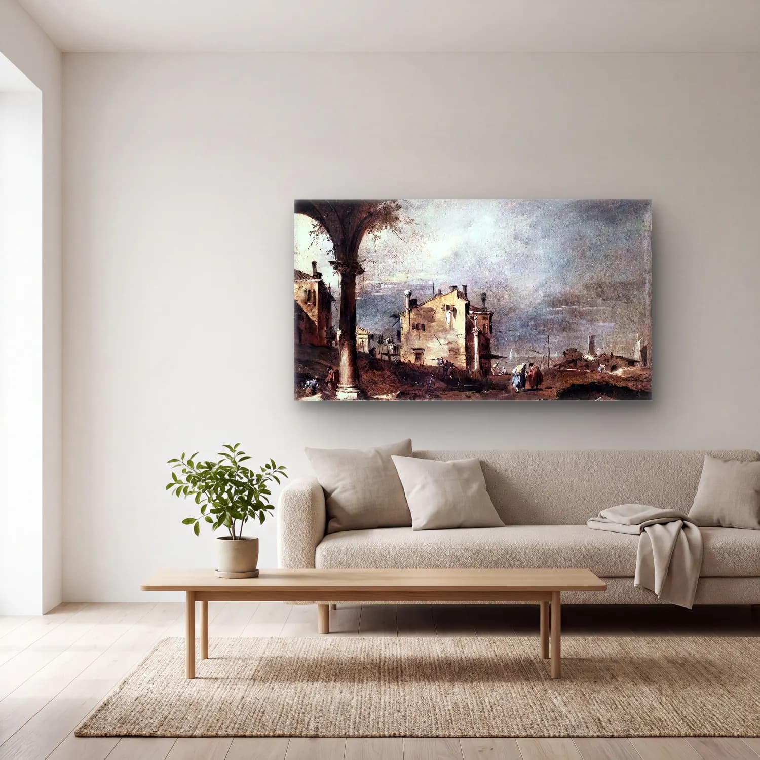 Francesco Guardi – Capriccio with Venetian Motifs cam tablo — açık renk salonda