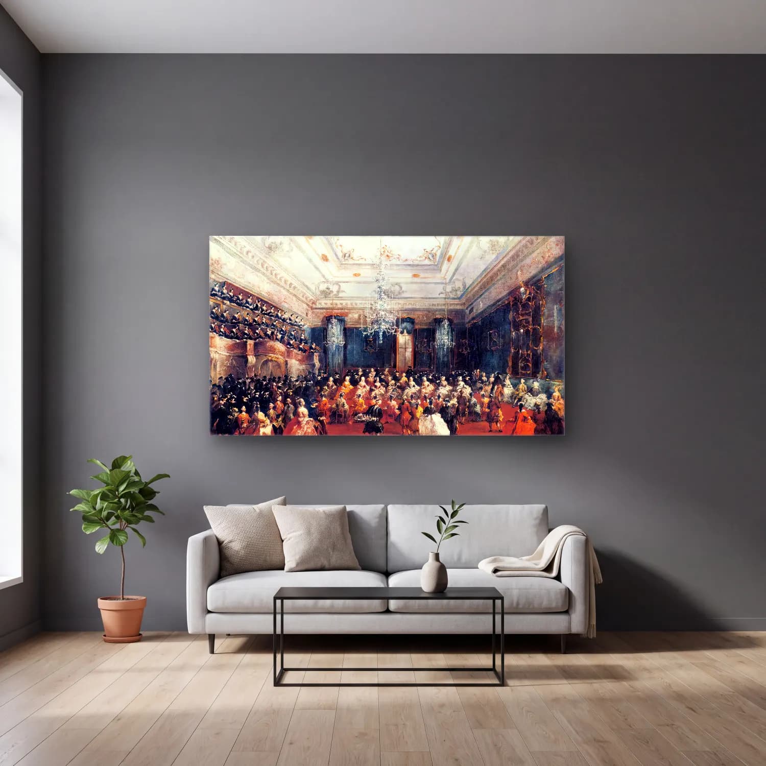 Francesco Guardi – Ladies Concert at the Philharmonic Hall cam tablo — gri duvarlı salonda