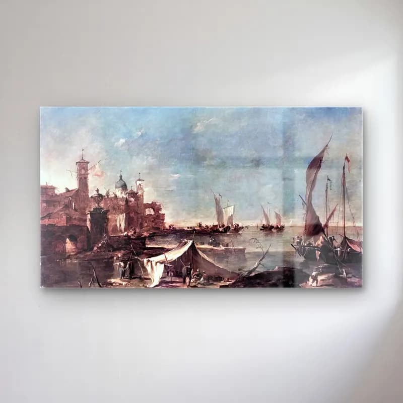 Francesco Guardi – Landscape with a Fisherman s Tent cam tablo — Francesco Guardi – Landscape with a Fisherman s Tent — yağlı boya liman ve tekneler
