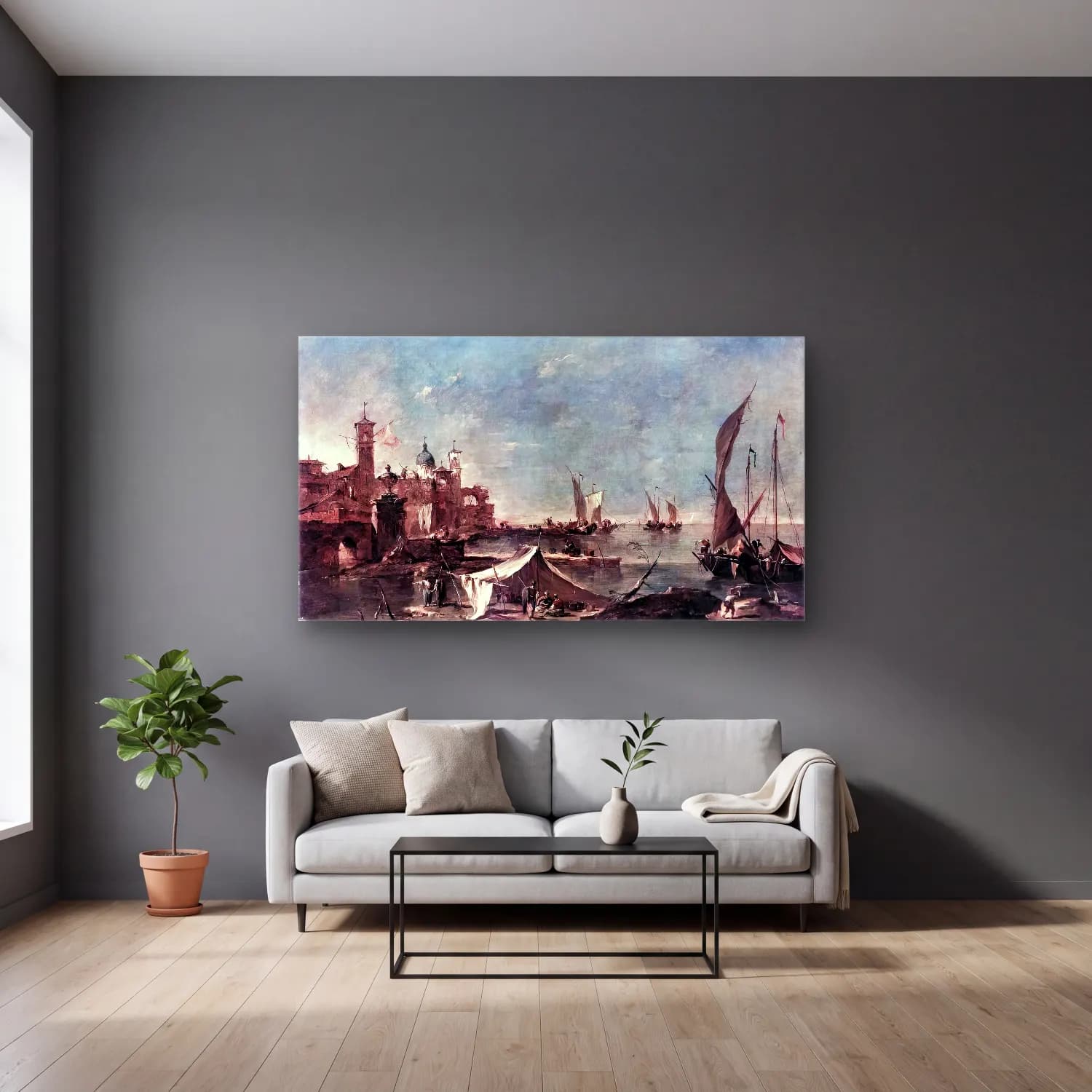 Francesco Guardi – Landscape with a Fisherman s Tent cam tablo — gri duvarlı salonda