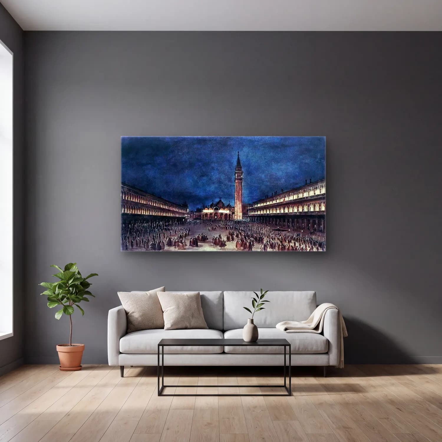 Francesco Guardi – Nighttime Procession in Piazza San Marco cam tablo — gri duvarlı salonda