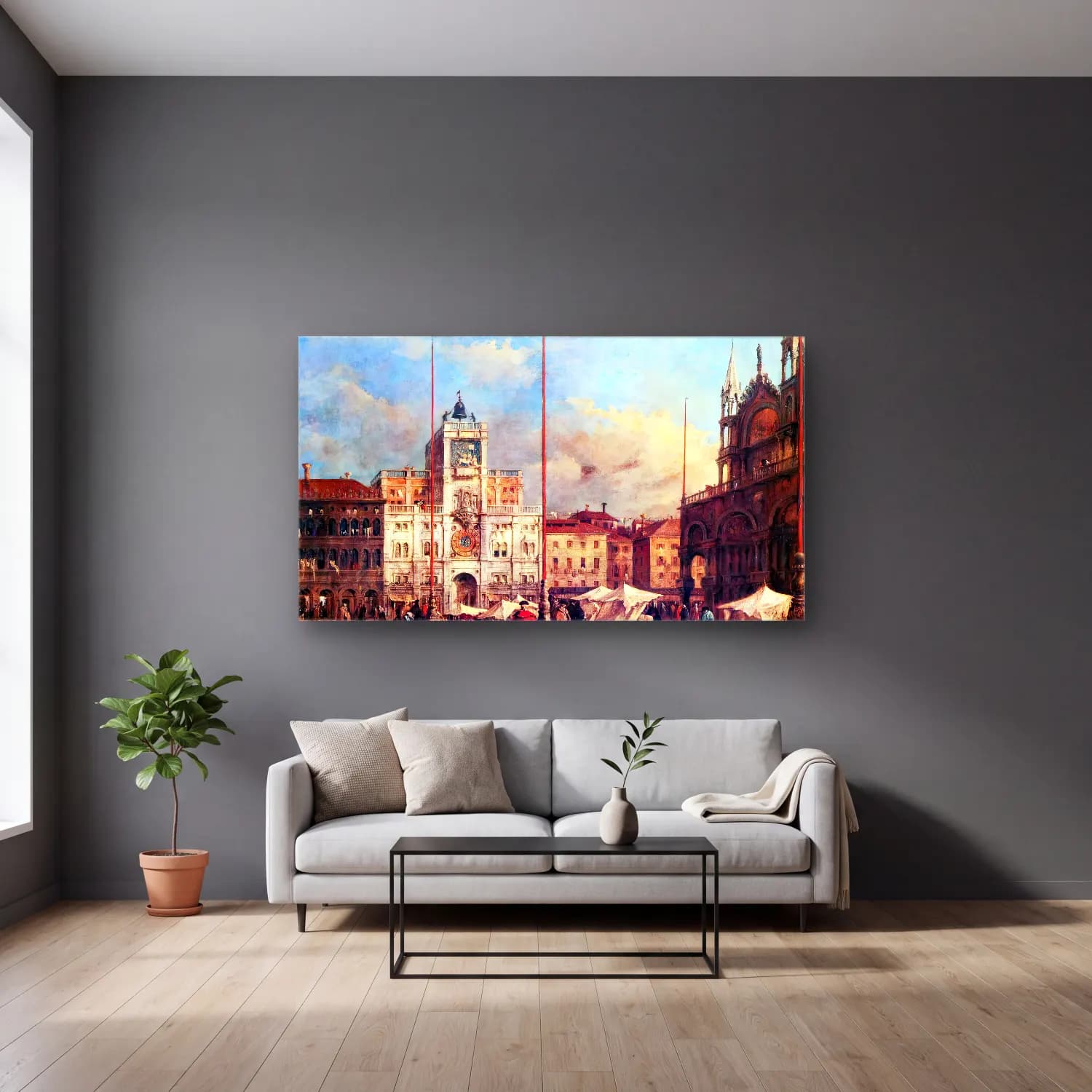 Francesco Guardi – Piazza San Marco, Venice cam tablo — gri duvarlı salonda