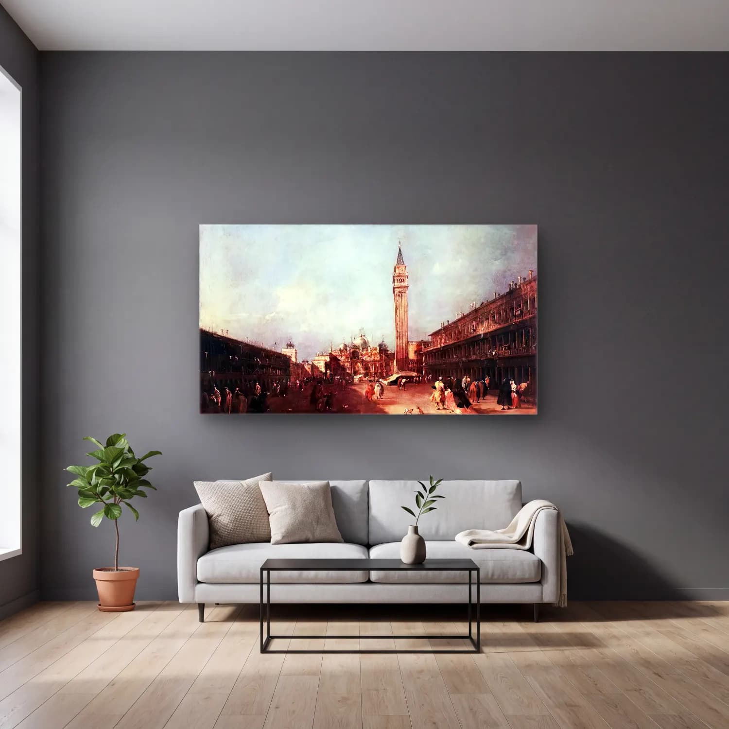 Francesco Guardi – Piazza San Marco cam tablo — gri duvarlı salonda