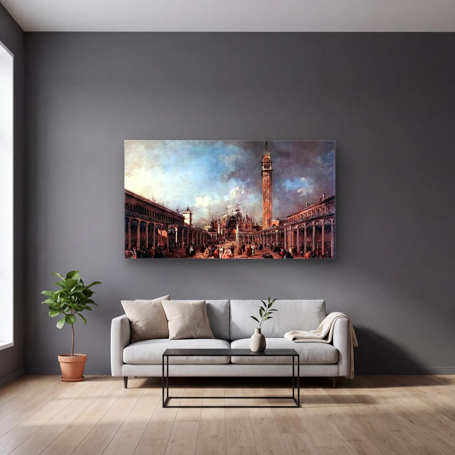 Francesco Guardi – Piazza di San Marco cam tablo — gri duvarlı salonda