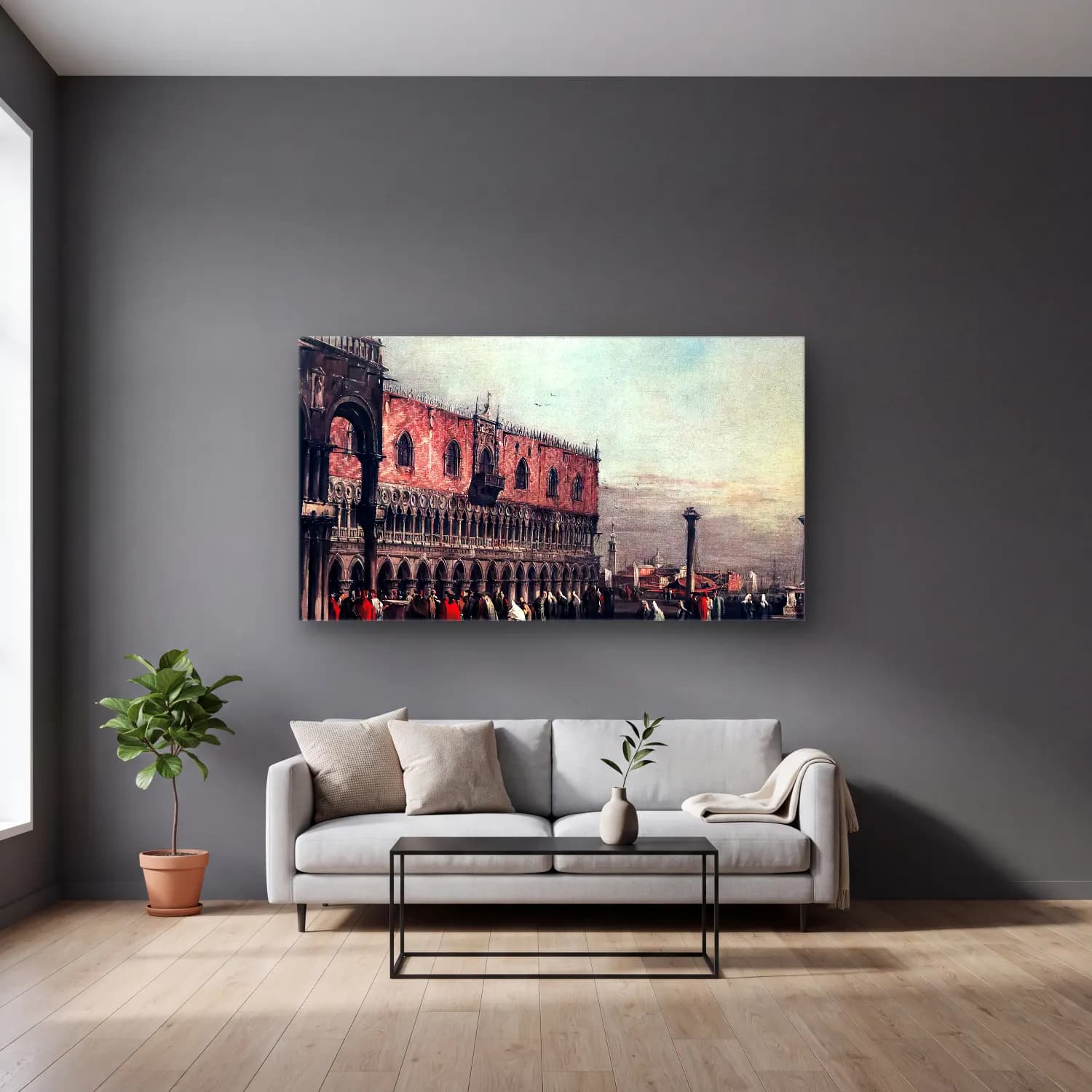 Francesco Guardi – Piazzetta with the Doge s Palace cam tablo — gri duvarlı salonda