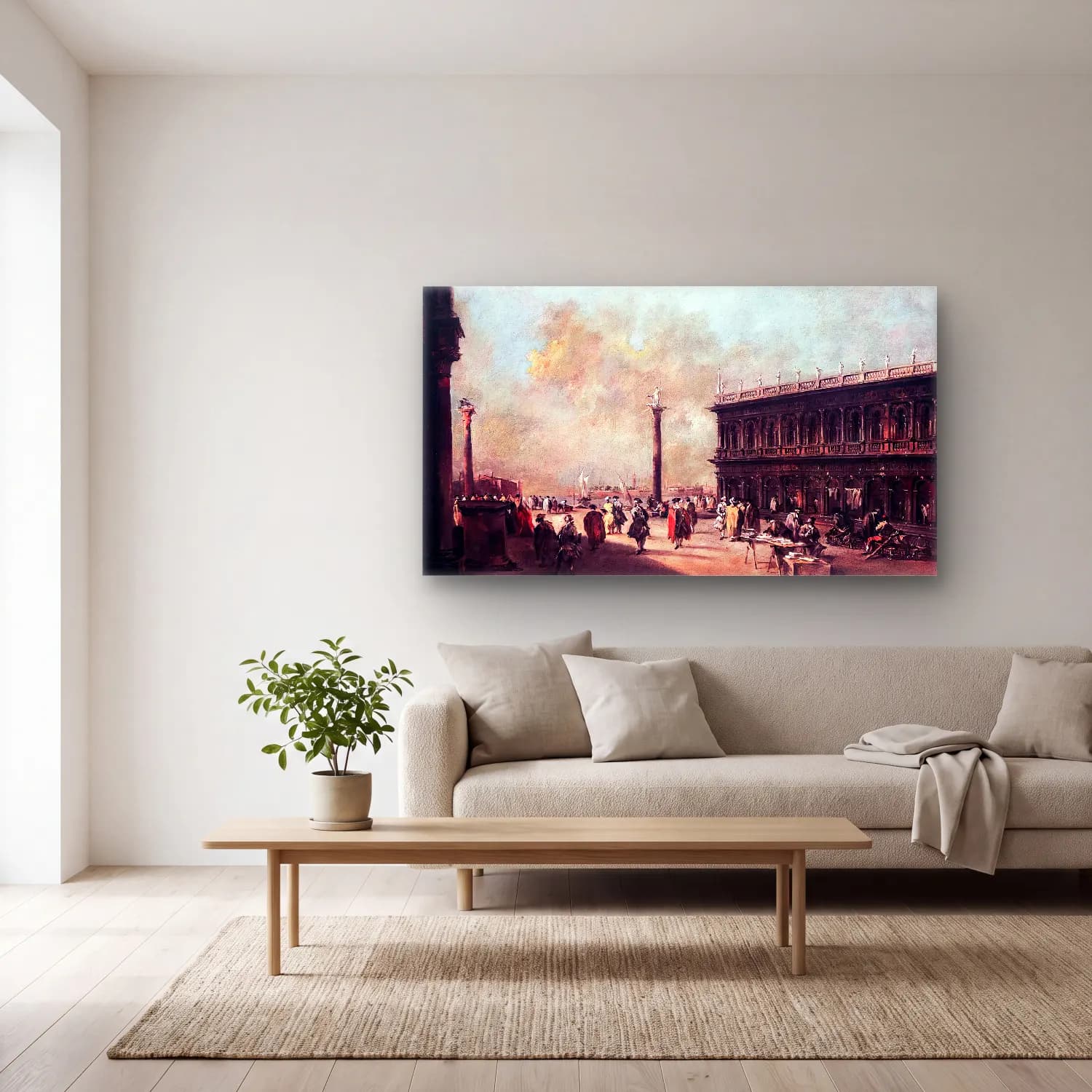 Francesco Guardi – Piazzetta with the Libreria Vecchia cam tablo — açık renk salonda
