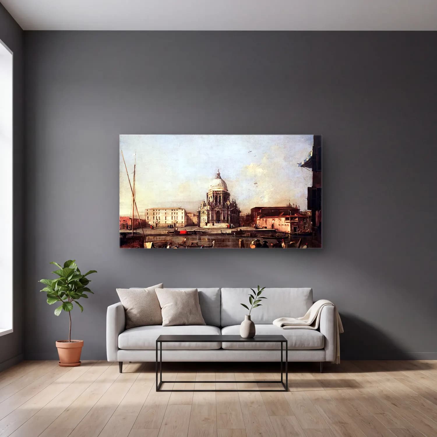 Francesco Guardi – Santa Maria della Salute Viewed from across the Canal Grande cam tablo — gri duvarlı salonda