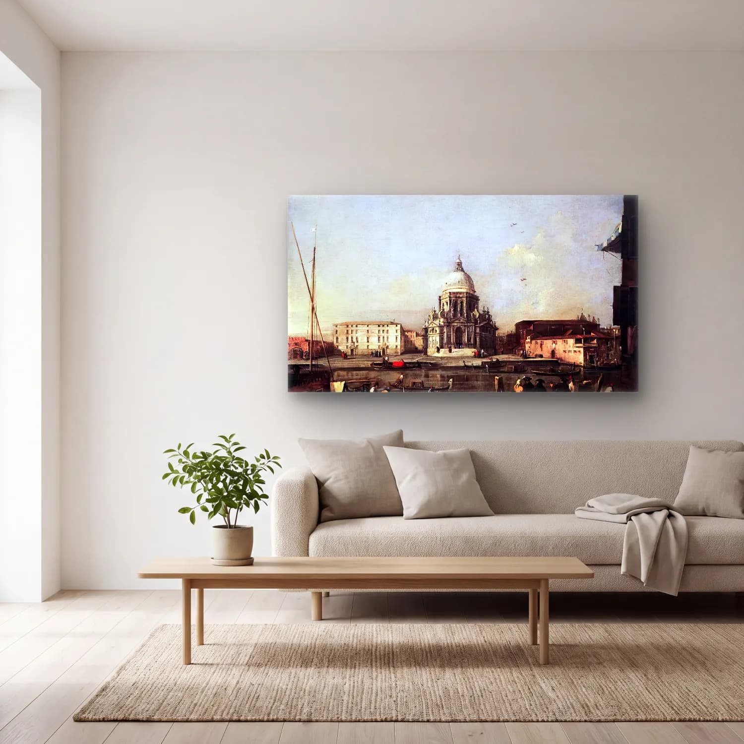 Francesco Guardi – Santa Maria della Salute Viewed from across the Canal Grande cam tablo — açık renk salonda