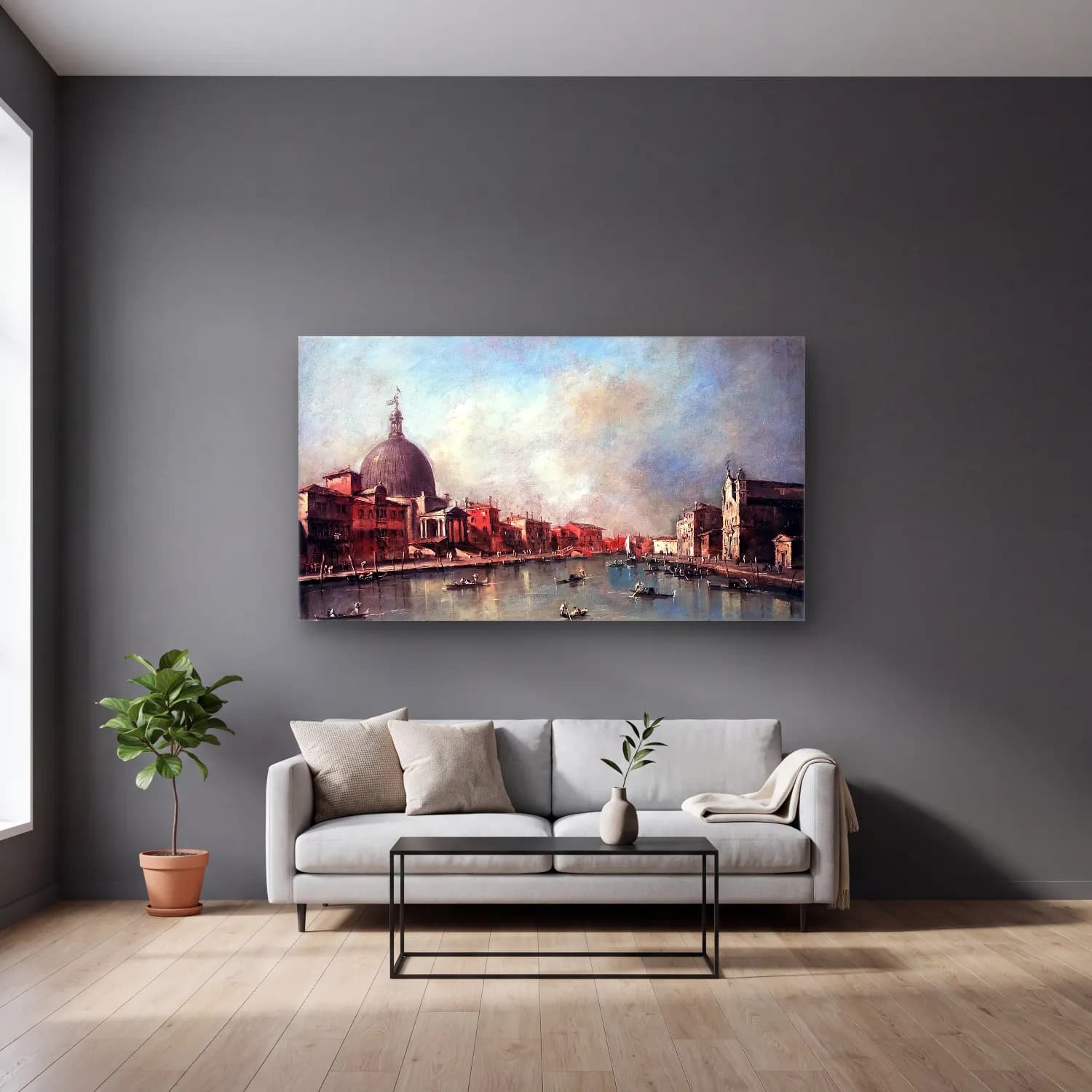 Francesco Guardi – The Canal Grande with San Simeone Piccolo cam tablo — gri duvarlı salonda