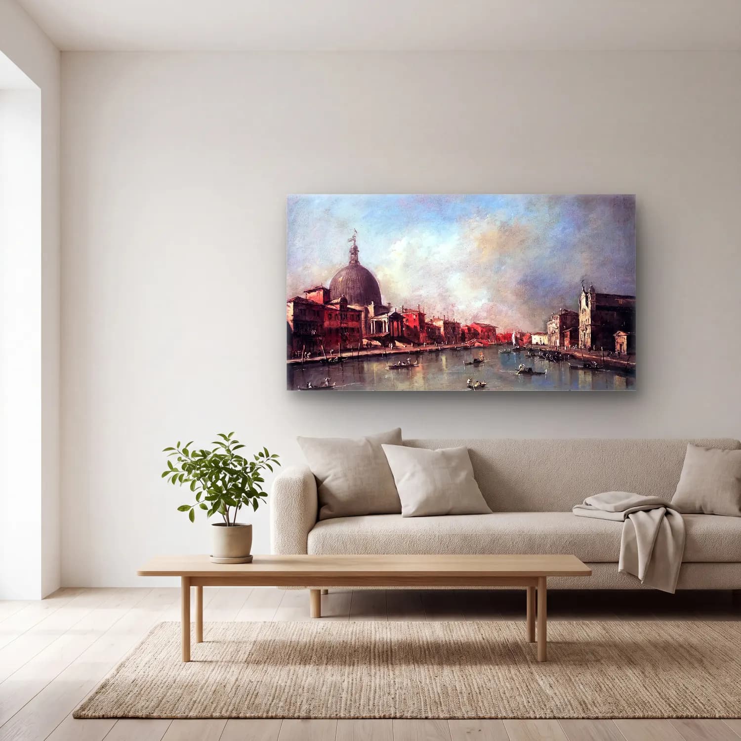 Francesco Guardi – The Canal Grande with San Simeone Piccolo cam tablo — açık renk salonda