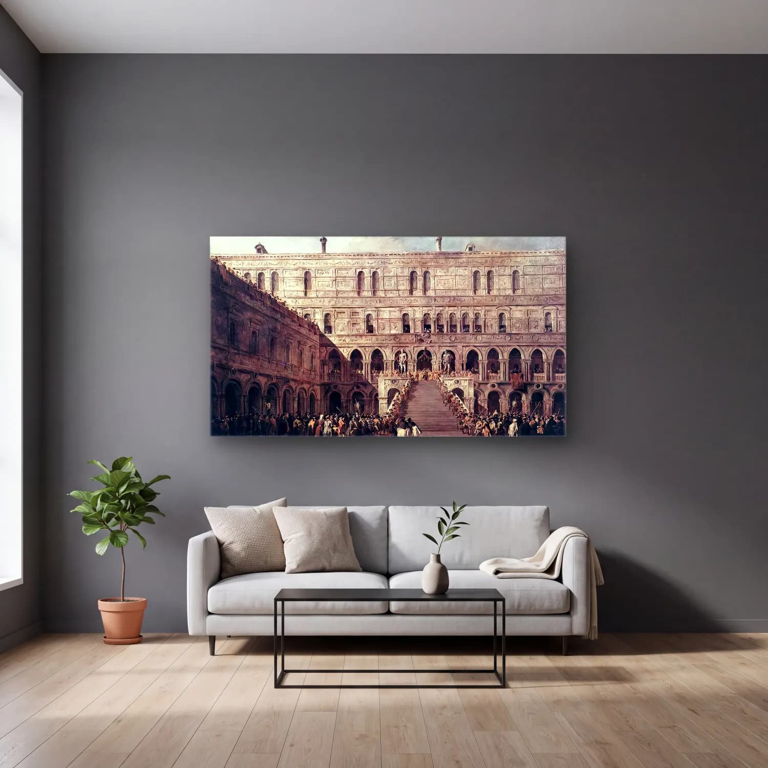 Francesco Guardi – The Coronation of the Doge cam tablo — gri duvarlı salonda