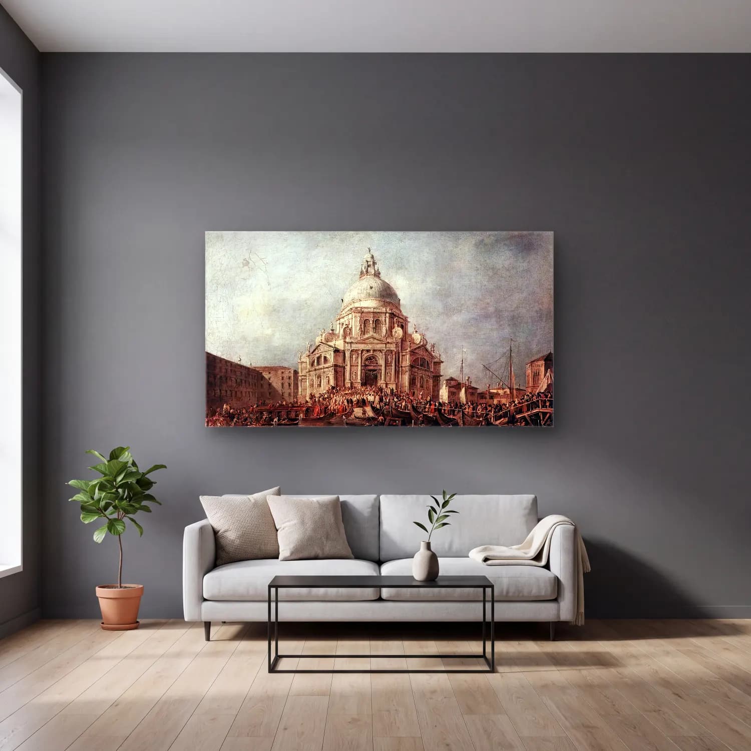 Francesco Guardi – The Doge at the Basilica of La Salute cam tablo — gri duvarlı salonda