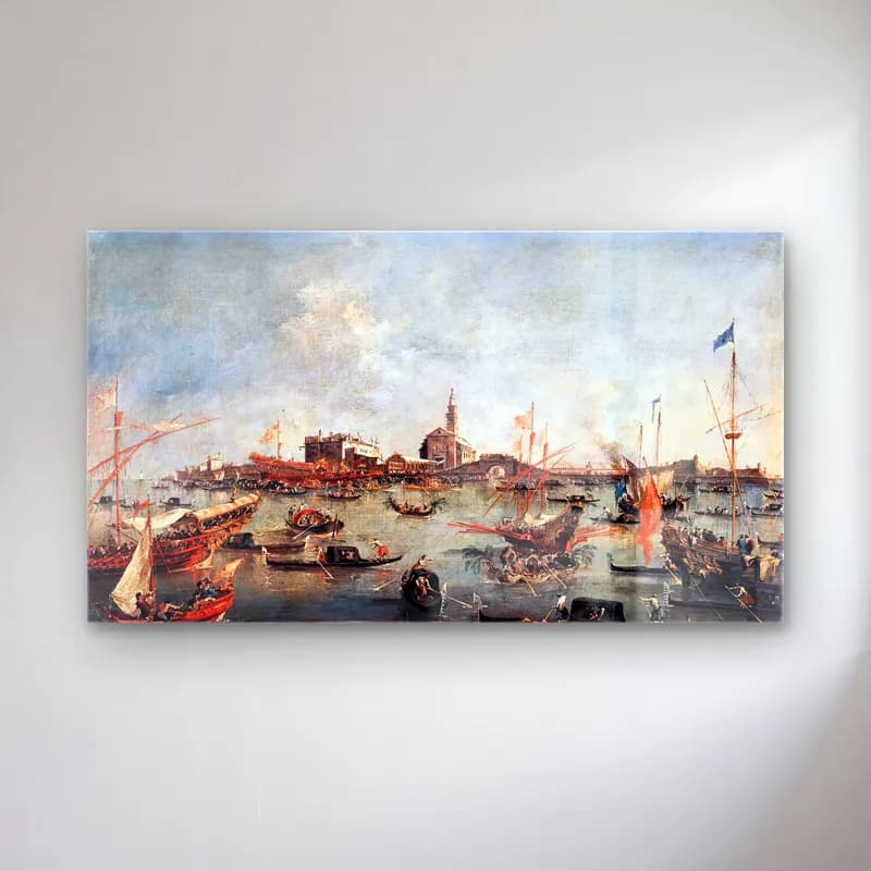 Francesco Guardi – The Doge on the Bucentaur at San Niccolò del Lido cam tablo — Francesco Guardi – The Doge on the Bucentaur at San Niccolò del Lido — yağlı boya liman ve tekneler