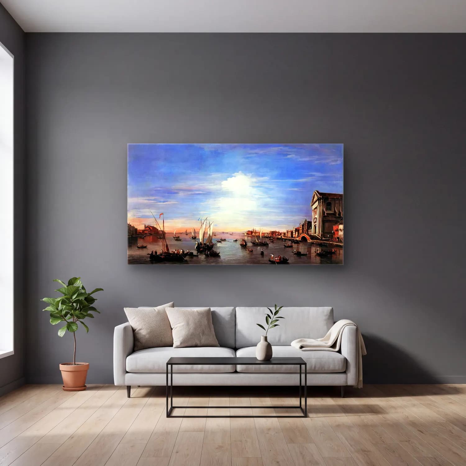 Francesco Guardi – The Giudecca Canal with the Zattere cam tablo — gri duvarlı salonda