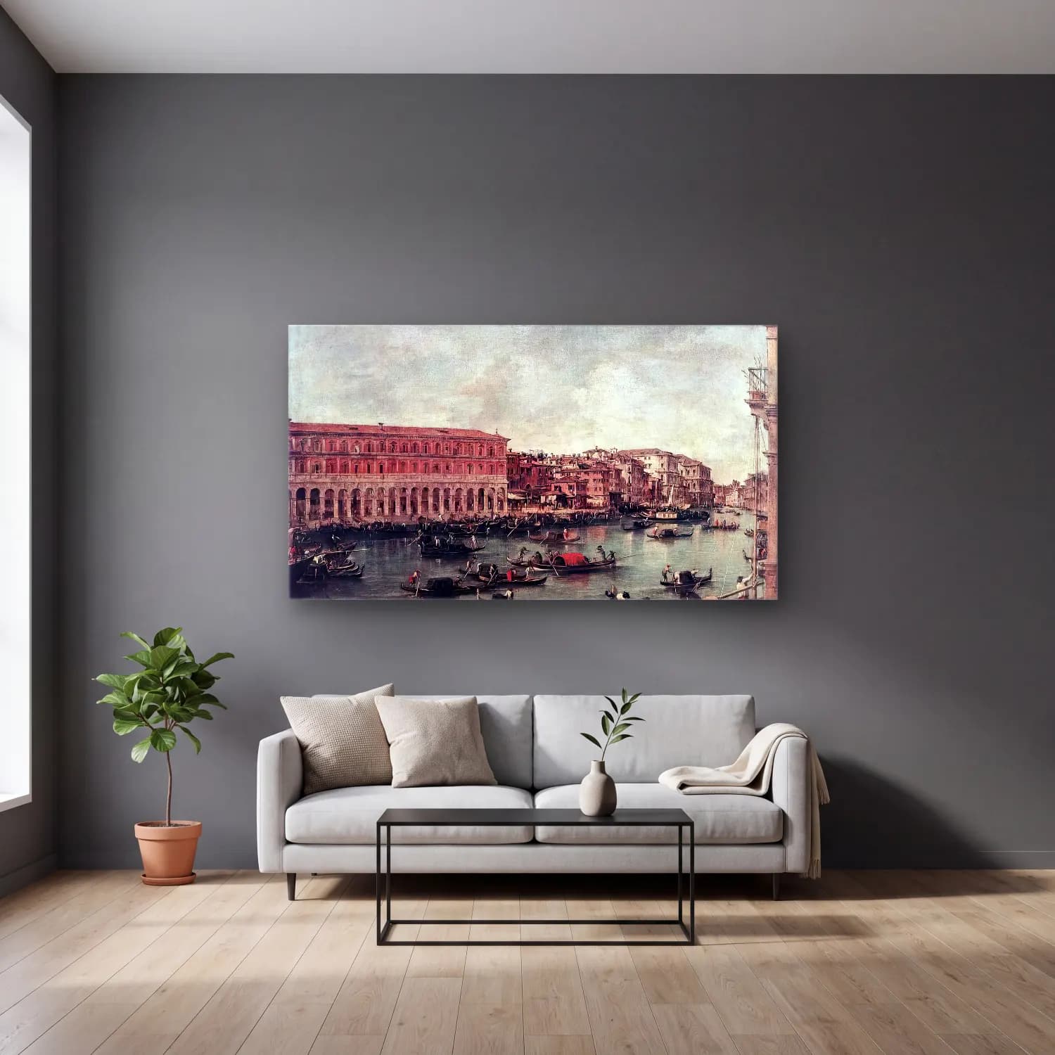 Francesco Guardi – The Grand Canal at the Fish Market (Pescheria) cam tablo — gri duvarlı salonda