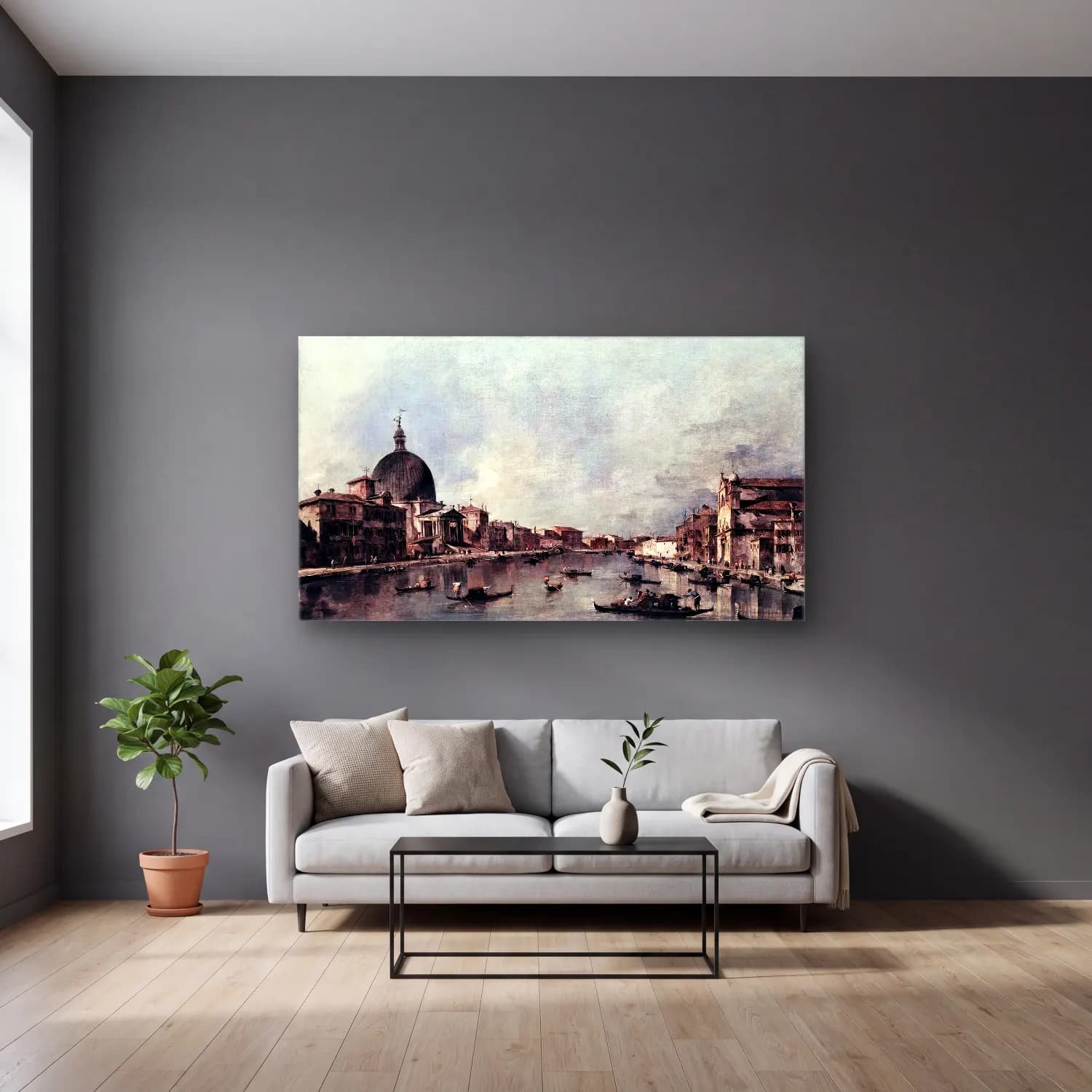 Francesco Guardi – The Grand Canal with San Simeone Piccolo and Santa Lucia cam tablo — gri duvarlı salonda