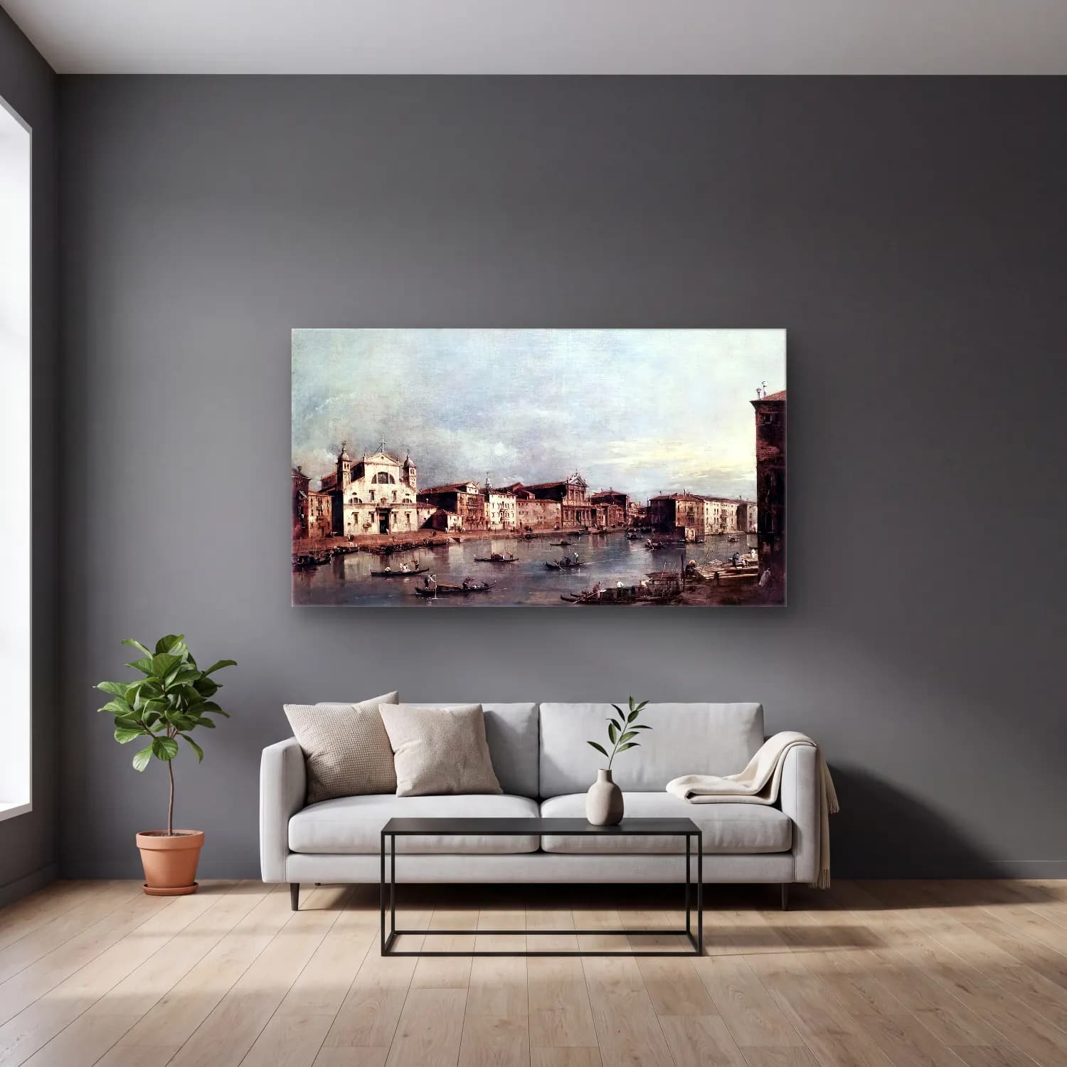 Francesco Guardi – The Grand Canal with Santa Lucia and the Scalzi cam tablo — gri duvarlı salonda