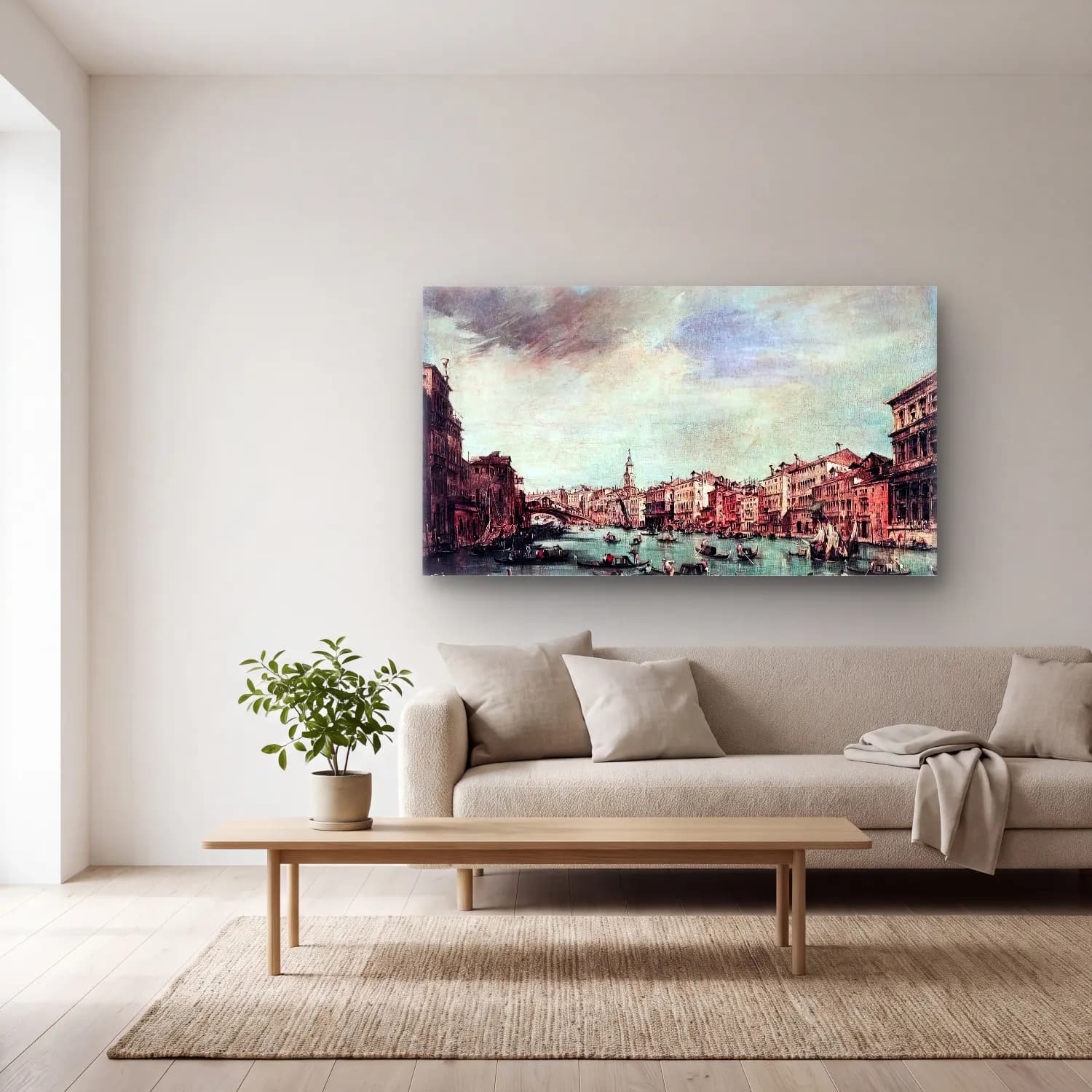 Francesco Guardi – The Grand Canal, Looking toward the Rialto Bridge cam tablo — açık renk salonda