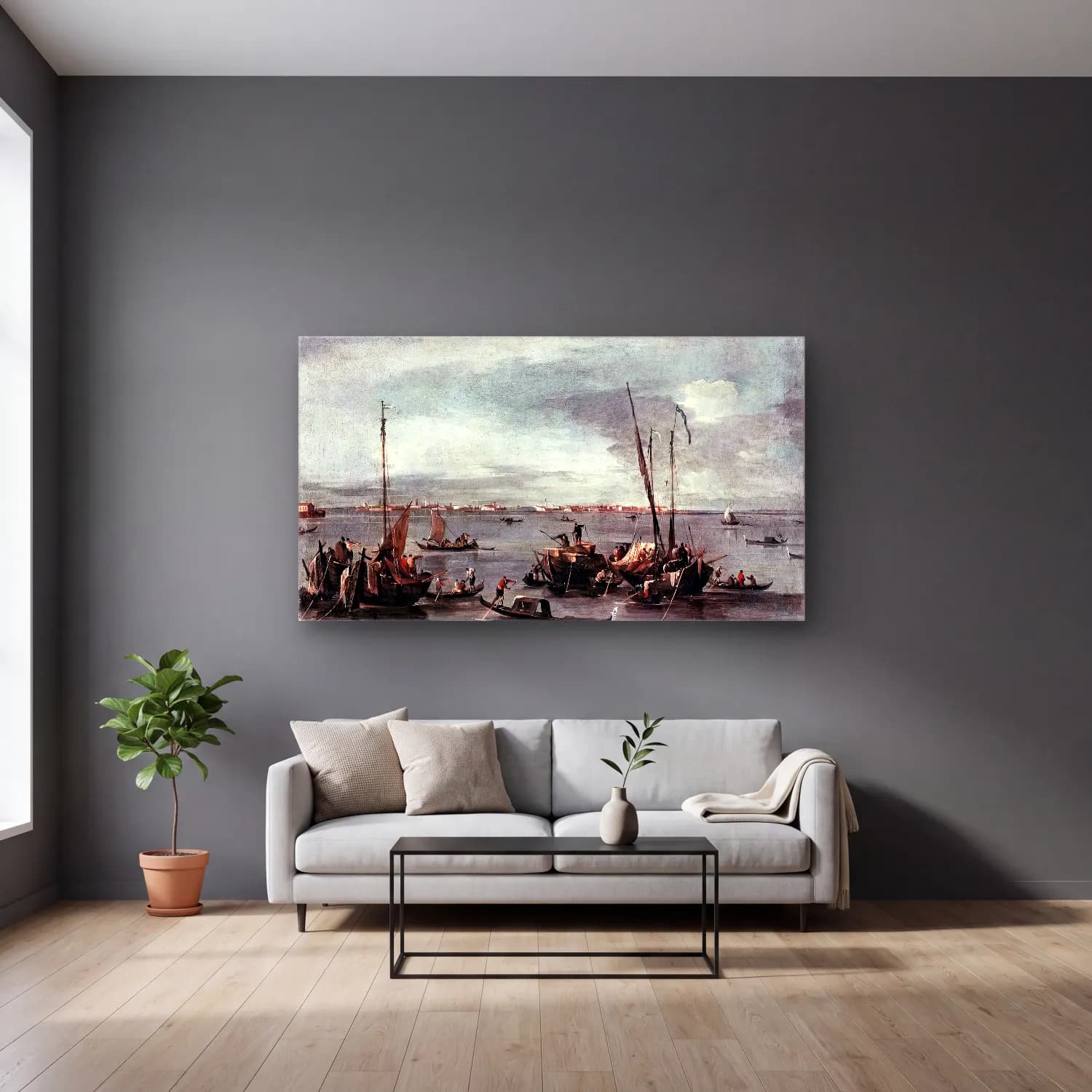 Francesco Guardi – The Lagoon Looking toward Murano from the Fondamenta Nuove cam tablo — gri duvarlı salonda