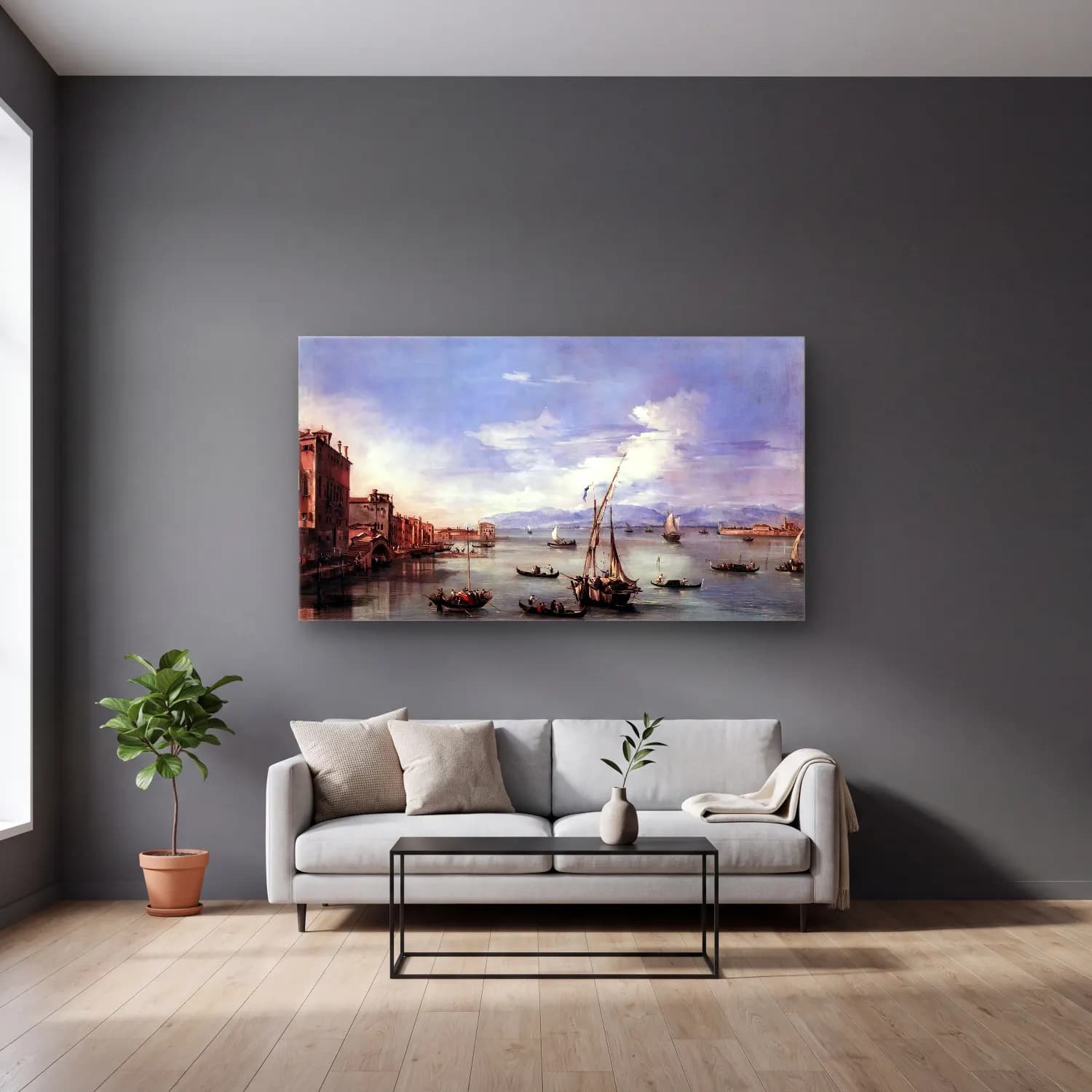 Francesco Guardi – The Lagoon from the Fondamenta Nuove cam tablo — gri duvarlı salonda