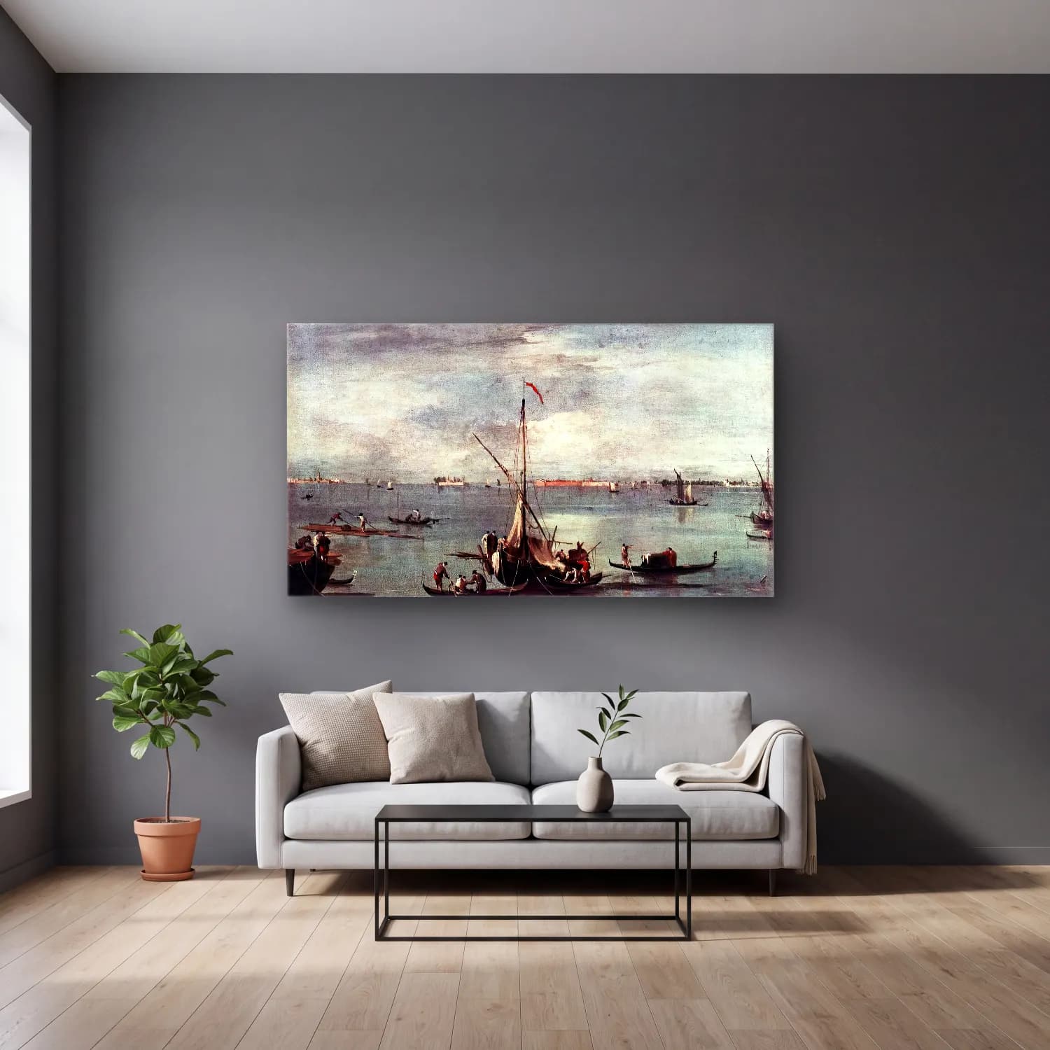 Francesco Guardi – The Lagoon with Boats, Gondolas, and Rafts cam tablo — gri duvarlı salonda
